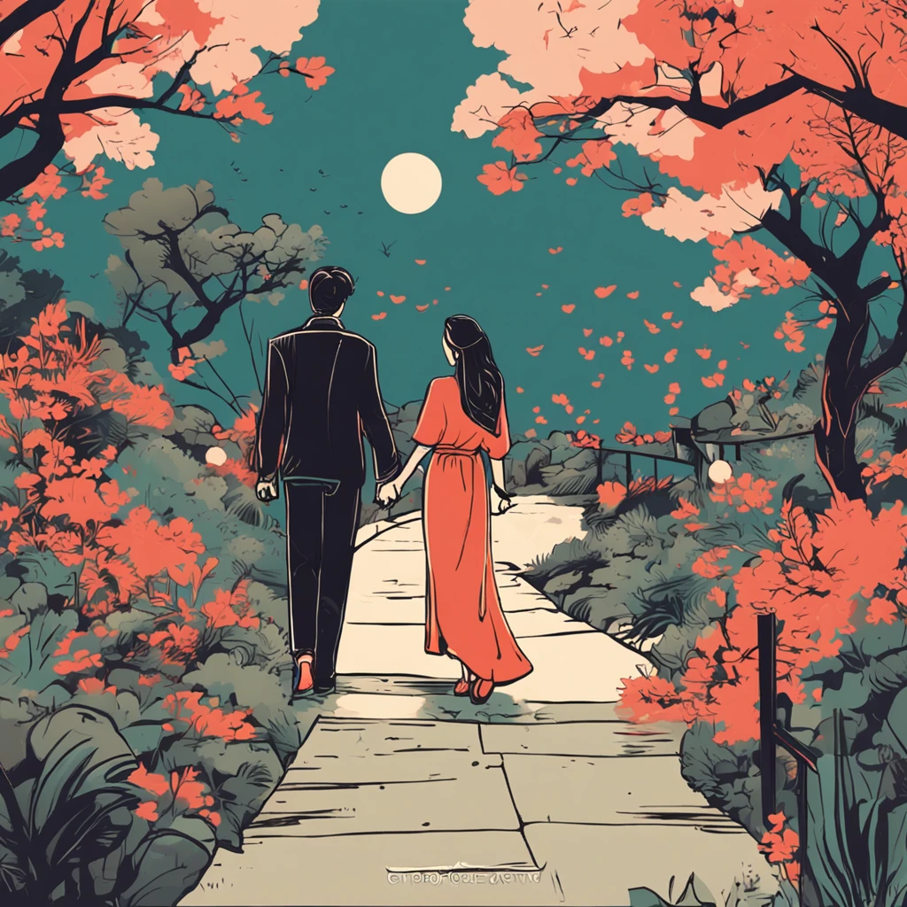 A romantic couple walking together in a Japanese spring garden, Garota estatura baixa ela tem cabelo castanho e o Garoto Alto ele tem cabelo preto. Anime flat illustration art style ::Semente 9898