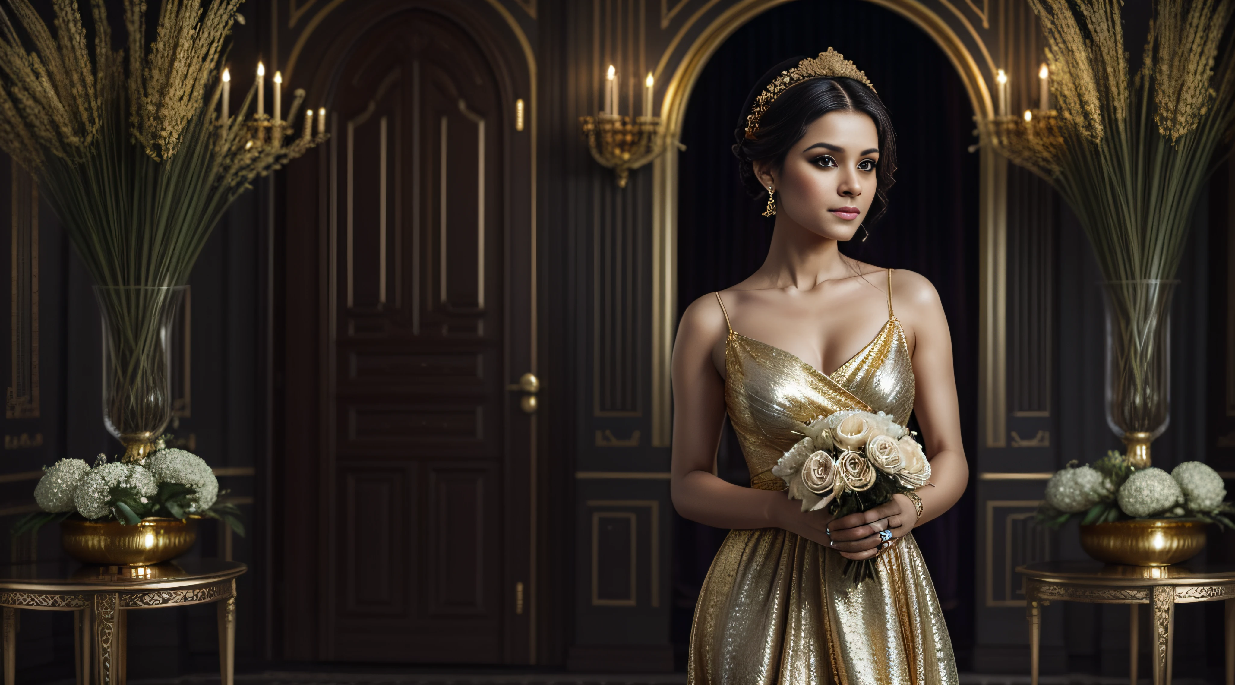 a beautiful white woman is holding flowers in her hands and wearing a purple dress, in the style of light gold and gold, jessica drossin, bikash bhattacharjee, glamorous hollywood portraits, intricate body-painting, princesscore, silver and emerald