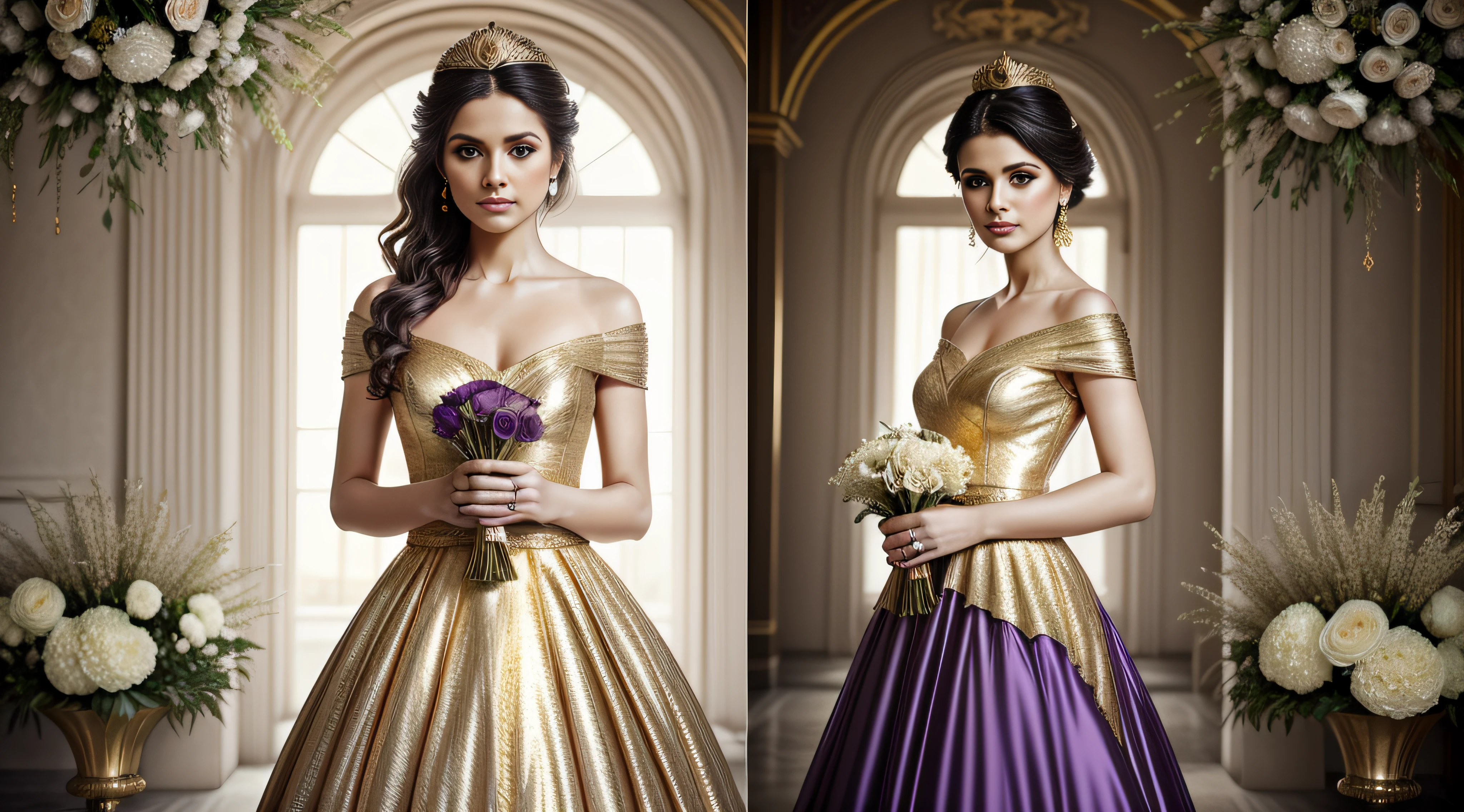 a beautiful white woman is holding flowers in her hands and wearing a purple dress, in the style of light gold and gold, jessica drossin, bikash bhattacharjee, glamorous hollywood portraits, intricate body-painting, princesscore, silver and emerald