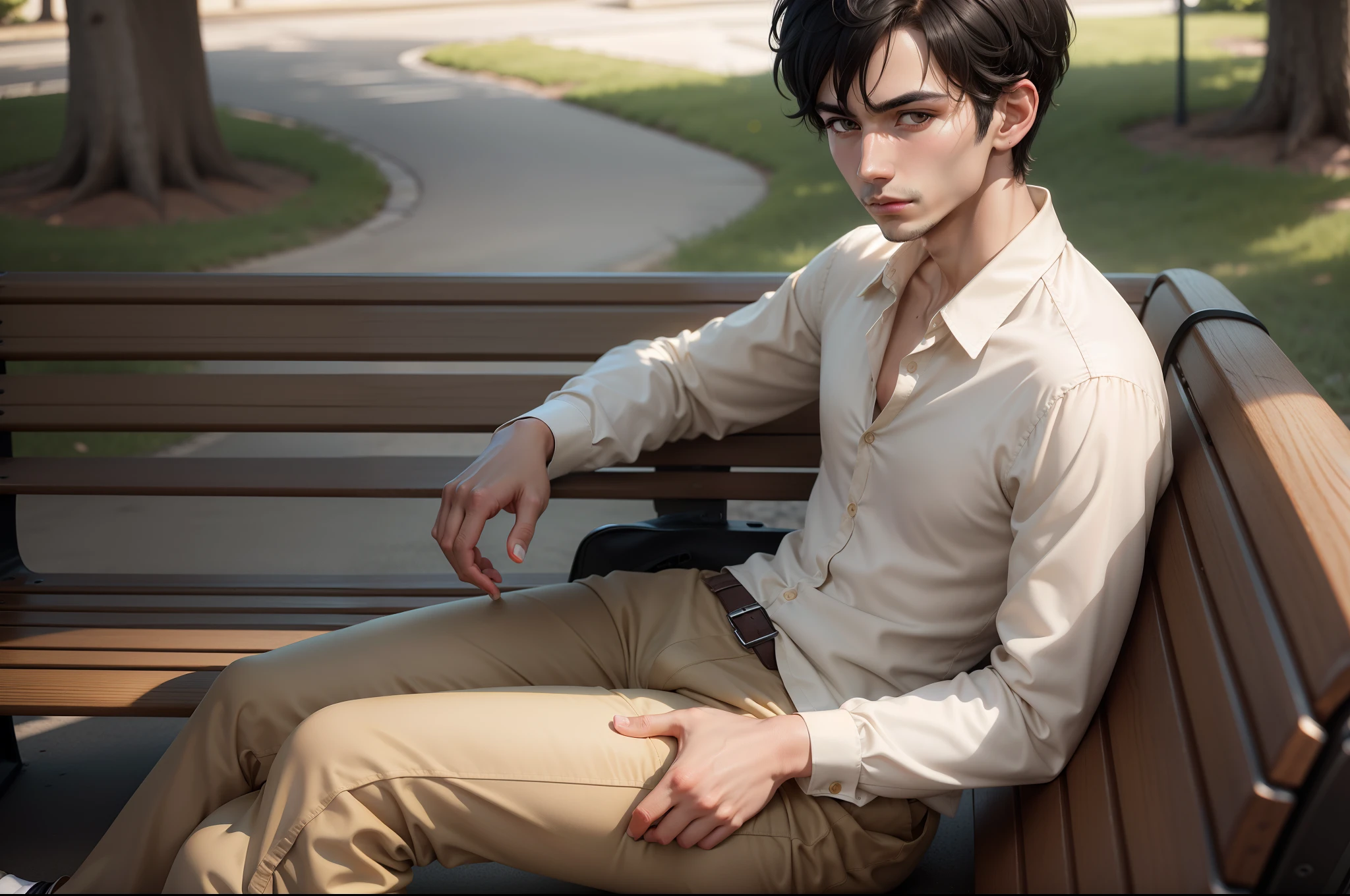 Ultra realistic 8k image of a slim 25 year old man, short black hair, dressed in a beige button-up blouse and beige pants, embarrassed face, sitting on a park bench in the morning