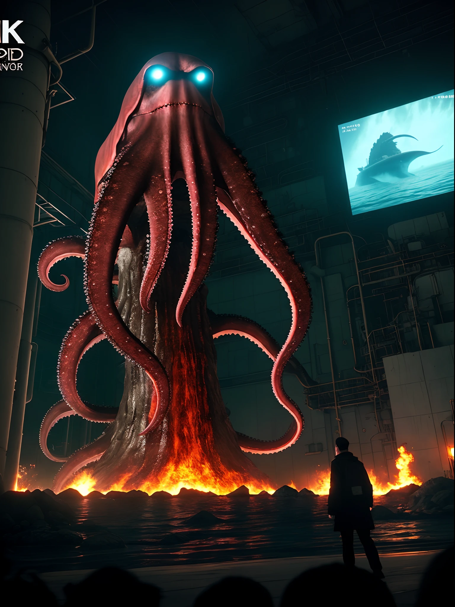 Fujishita Nuclear Power Plant，Giant mutant octopus red light slime megalodon，Doomsday Dark Wind，8k，cinematic colorgrade
