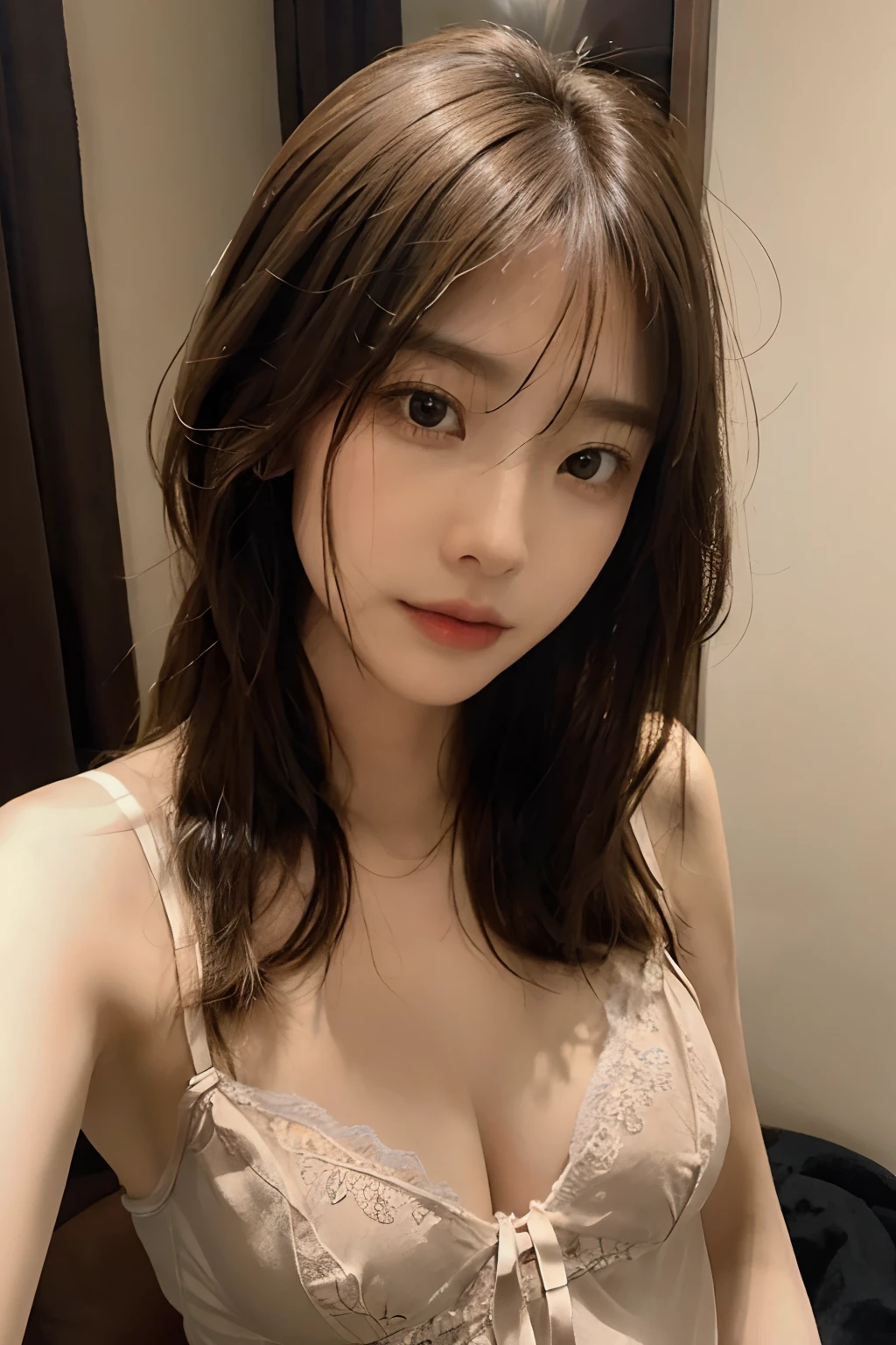 ((1girl in)),Light Brown Fringe Hair、straight haired、disheveled hair、Light brown eyes、(dignified expression)、((an lingerie))、(爆乳:1.4)、Emphasize the valley、Bedroom、Selfie、(Photorealsitic)、(intricate detailes:1.2)、(​masterpiece、:1.3)、(top-quality:1.4)、(超A high resolution:1.2)、超A high resolution、(A detailed eye)、(detailed facial features)