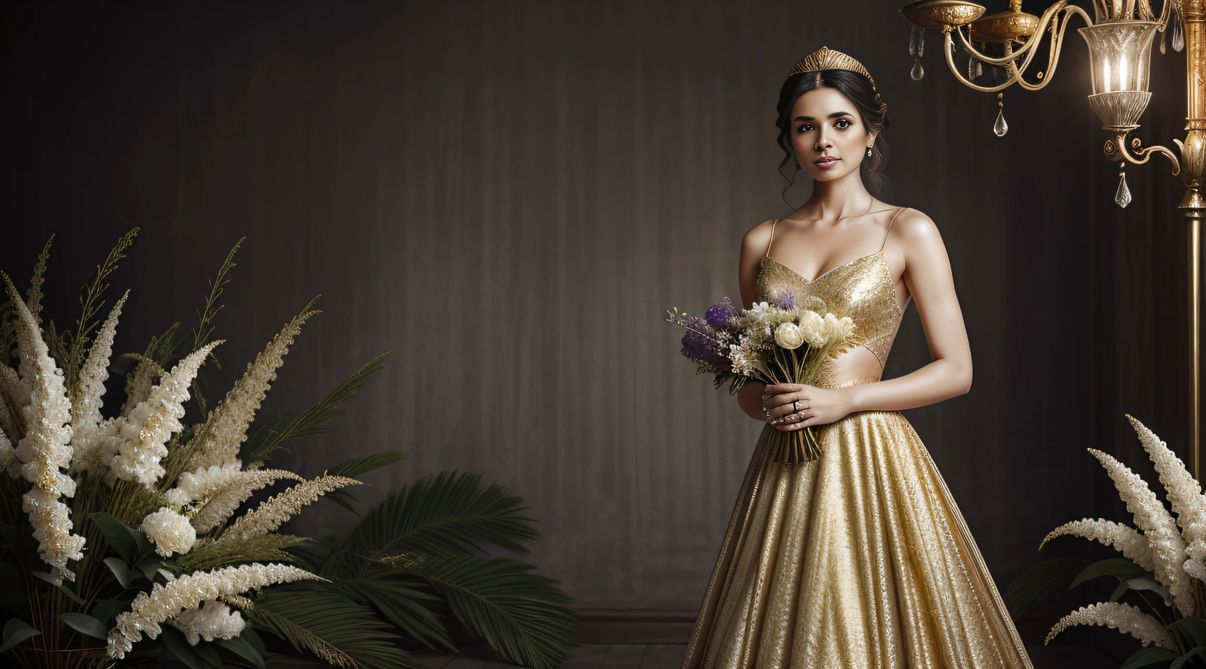a beautiful white woman is holding flowers in her hands and wearing a purple dress, in the style of light gold and gold, jessica drossin, bikash bhattacharjee, glamorous hollywood portraits, intricate body-painting, princesscore, silver and emerald