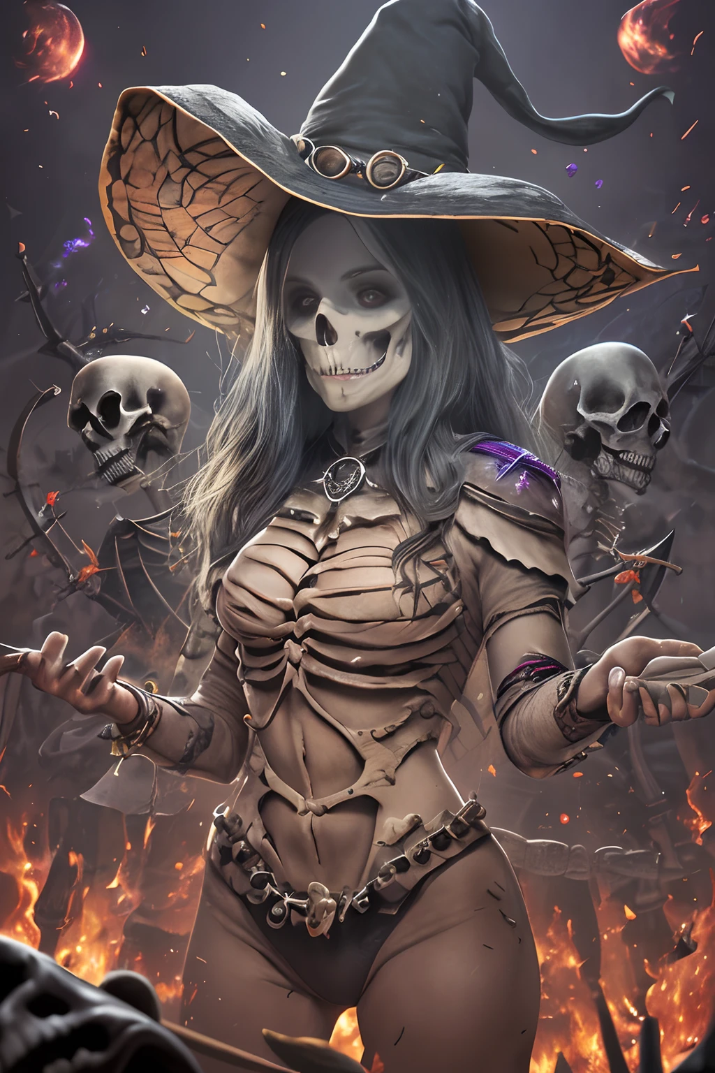 (A necromancer witch surrounded by skeletons.), master piece, HDR, UHD, 64k, highly detailed, professional photography by Sergio Nogueira, trending on ArtStation, Unreal Engine, vivid colors, Hi-Res Scan --auto --s2