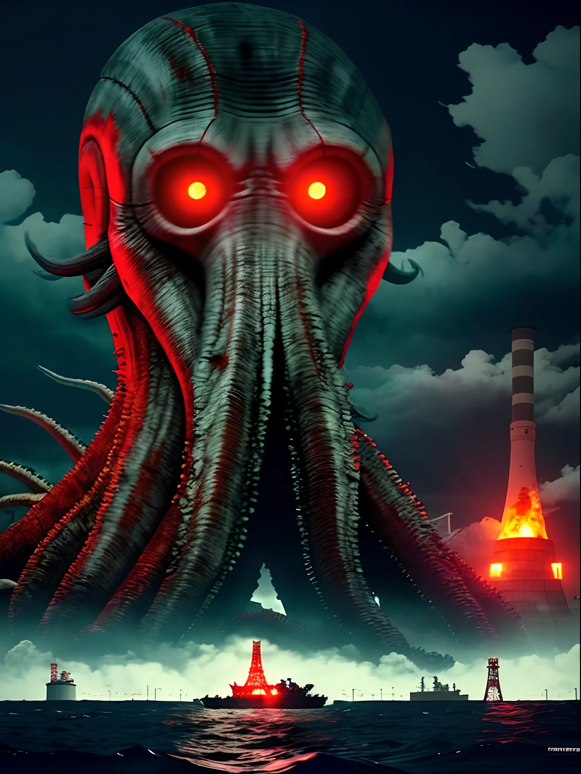 Fujishita Nuclear Power Plant,Giant mutant octopus red light slime megalodon,Doomsday Dark Wind,8K,cinematic colorgrade,Japanese