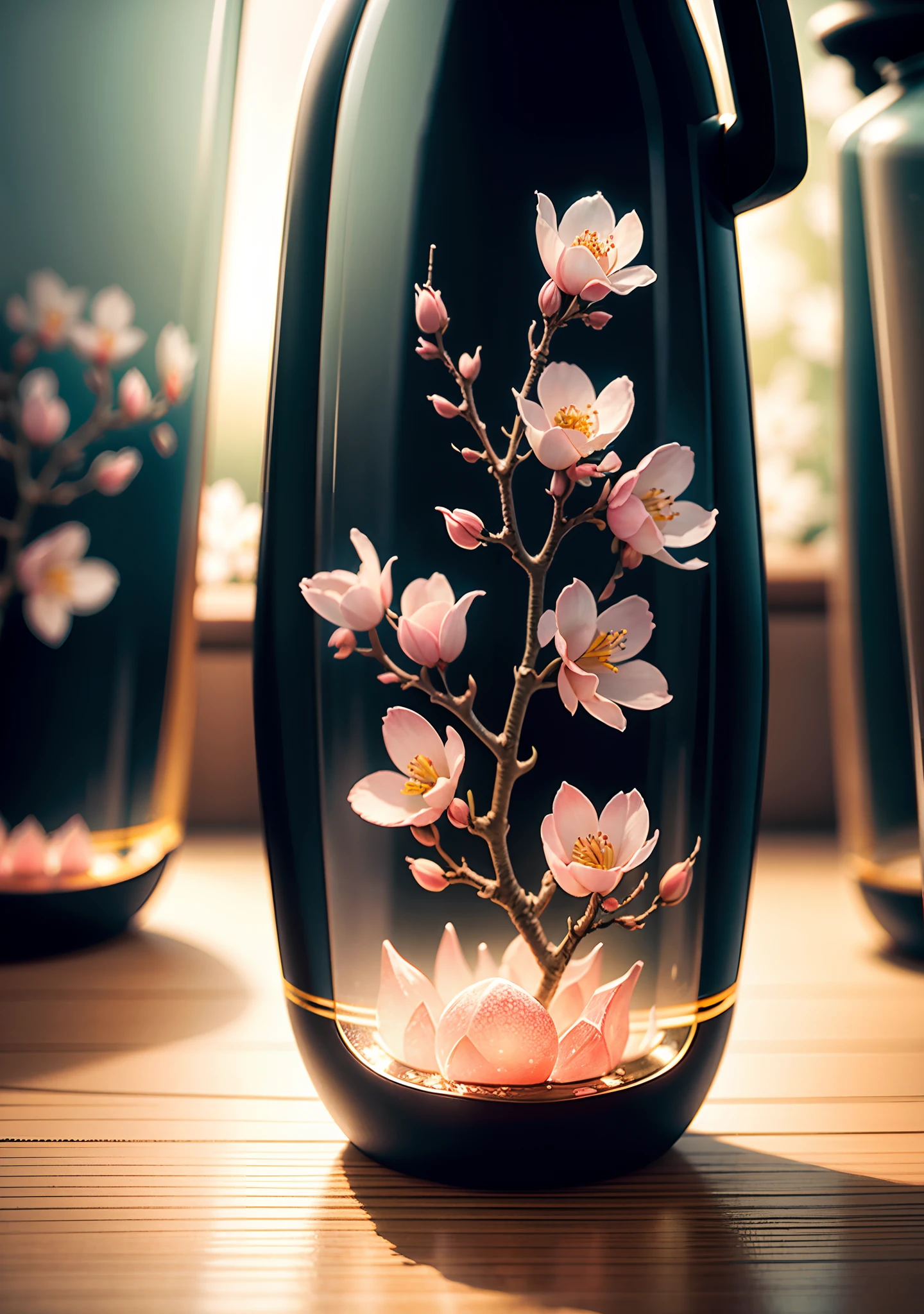 Peach blossom trees blooming in glass bottles,Frontal photo,Photographic grade,Dynamic surrealism, High detail, cubismo, god light, Vignetting, Glowing light, hyper HD, Masterpiece, ccurate, Super detail, High details, High quality, Best quality, A high resolution, 8K
