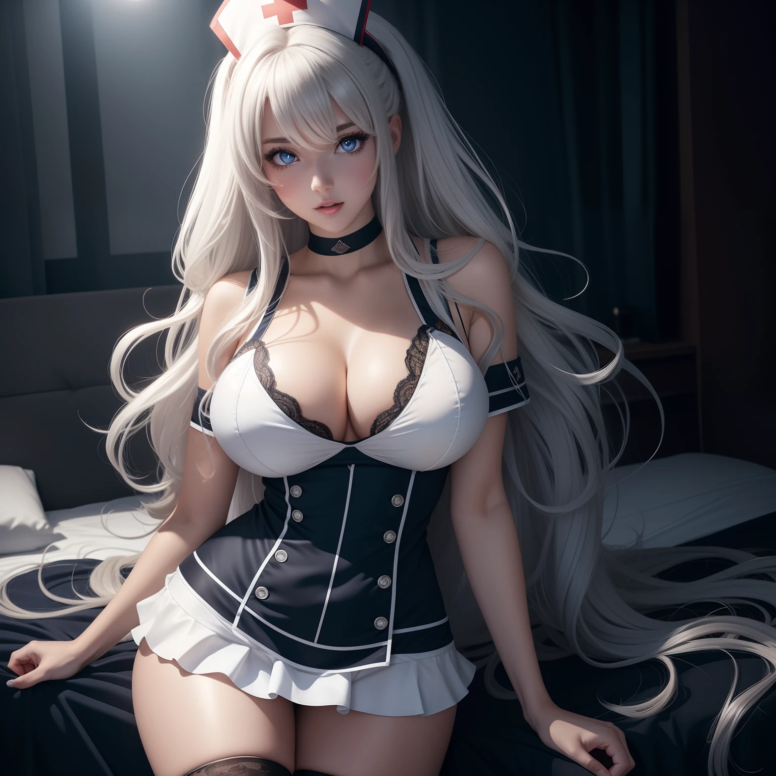 White Mini Skirt Nurse Costume, An ultra-high picture quality, Super Detail, 超A high resolution, Anime, Manga, Illustration, Intelligent beauty, White shiny short wavy flowing layered messy hair, Blue big glowing sharp eyes, Red seductive moist thick lips, Ecstatic expression, Amorous expression, Seductive look, Large breasts, great proportion, perfectly proportions, slender, Full body, Black Knee High Socks, thighs thighs thighs thighs, Dark blue lace lingerie, Transparent, Professional Lighting