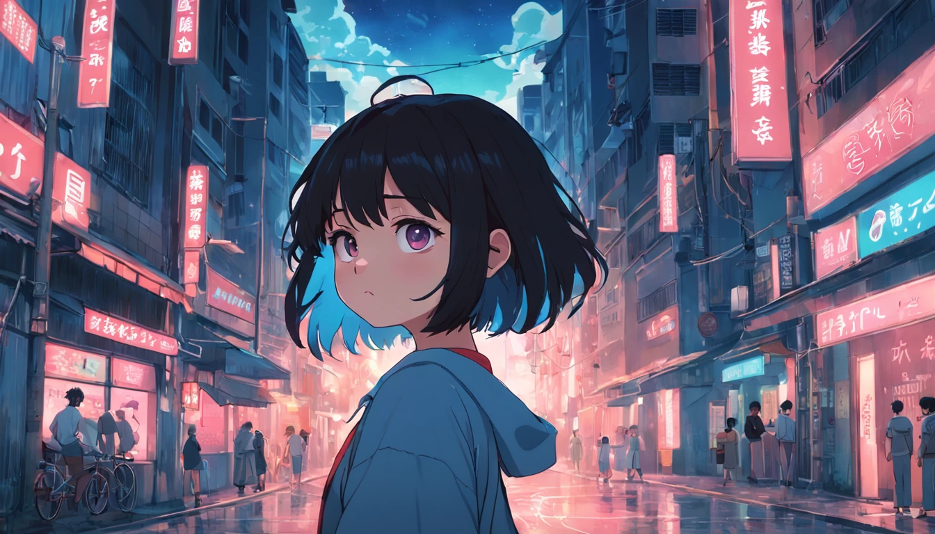 1girl in, breastsout, A dark-haired, off shoulders, Animated scene of street with neon signs and buildings, lofi hip hop, lofi artstyle, lofi art, chillhop, lofi, anime movie background, koto no ha no niwa, Anime Background, lofi aesthetic, Wit Studio Anime, lofi album art, Rophy Technology, lofi vibes, lofi feel, Lofivibe、((​masterpiece),(the Extremely Detailed CG Unity 8K Wallpapers)、top-quality、、独奏、1girl、电影灯光、细致背景、beatiful detailed eyes、Bright pupils、(extremely delicate and beautiful)、(Beautiful and detailed eyes description)、ultra-detailliert、​masterpiece、))