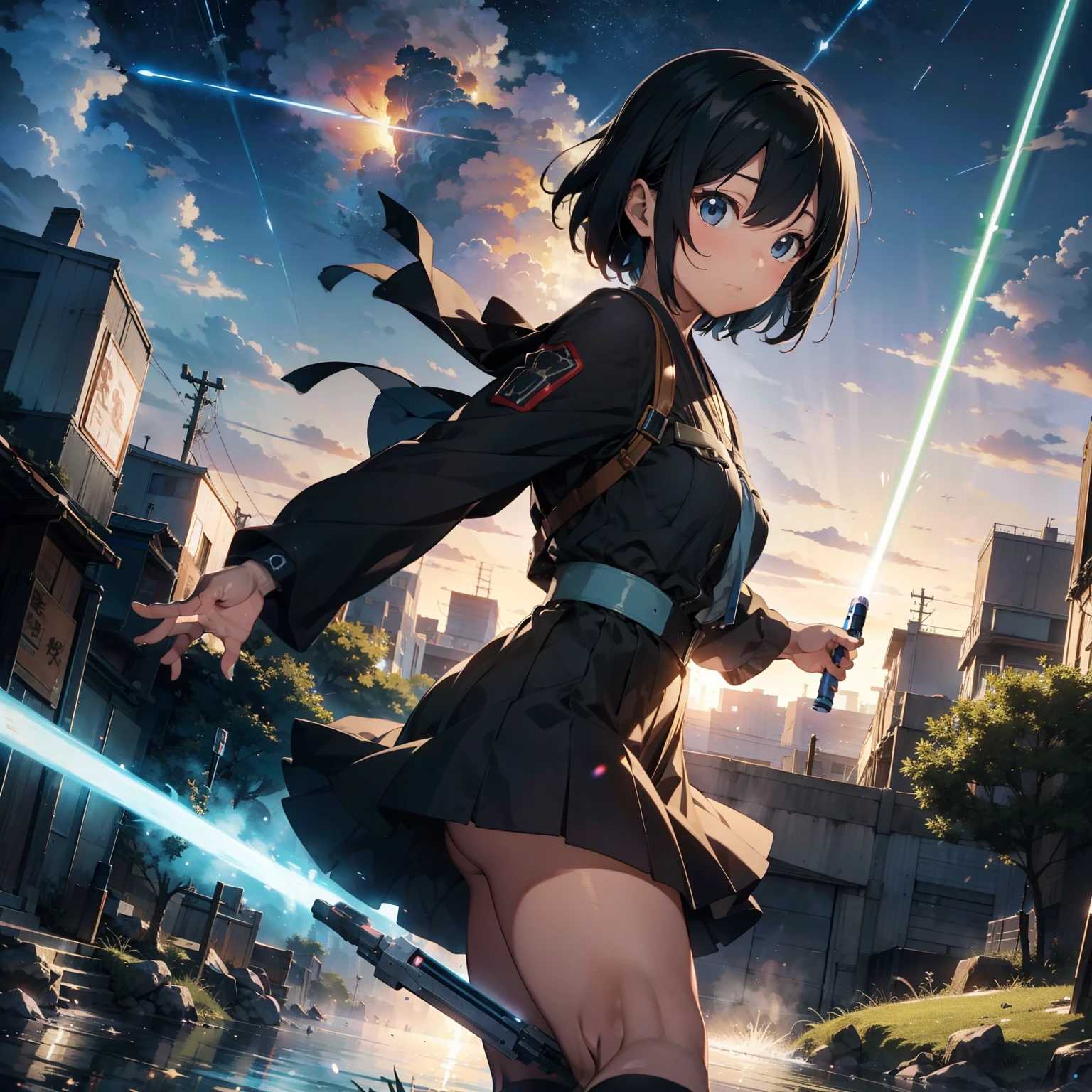 masterpiece, high quality, high detail, japanese anime illustration, a beautihul woman with light blue short hair, battle field, have a lightsaber, fighting aliens, in futurity city