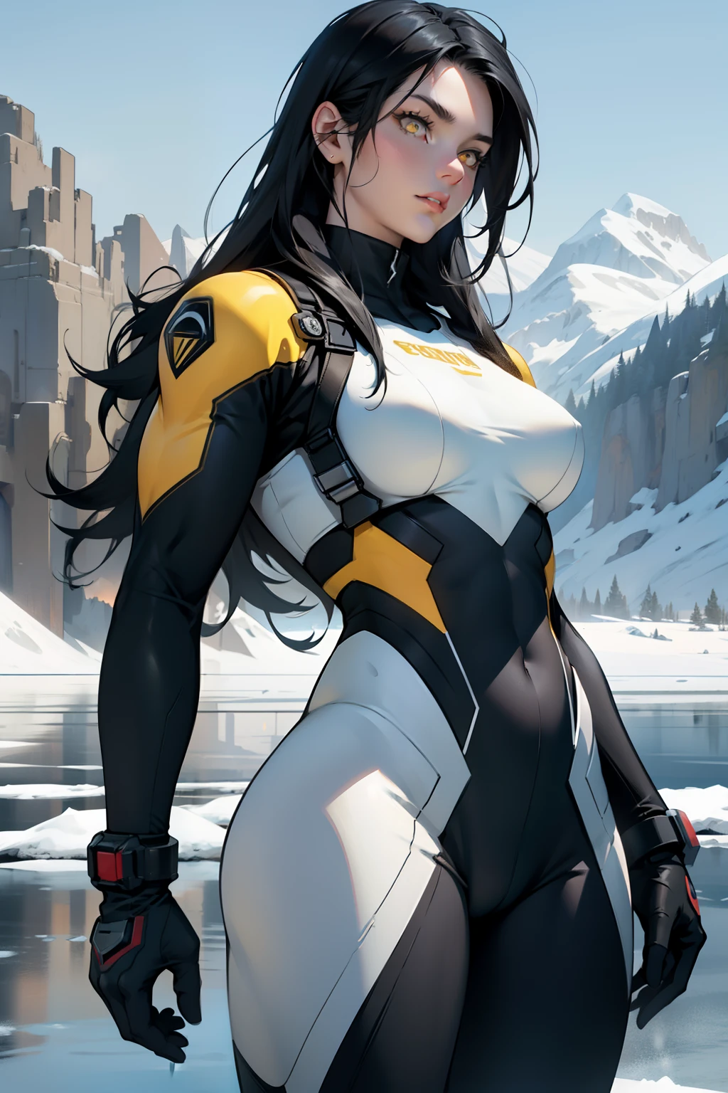 1 girl, black hair, yellow eyes, very long hair, pale skin, curvy, ((extremely muscular)), perky breasts, frozen lake, bodysuit, apocalyptic background, pilot suit