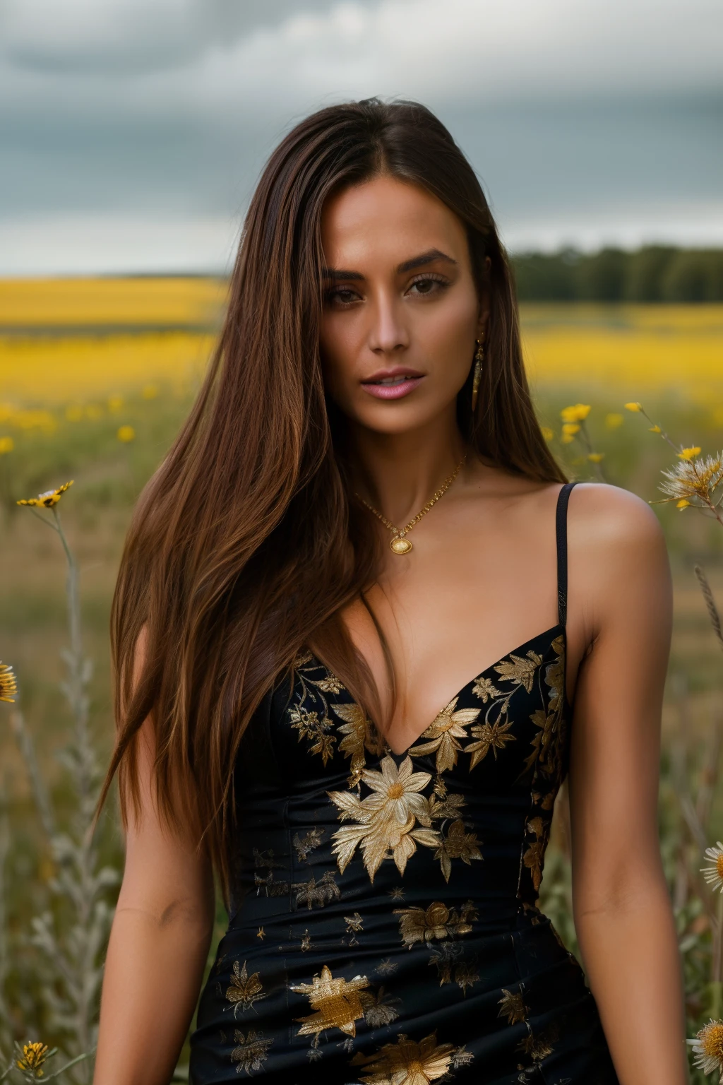 a SFW Portrait of Dominika C woman, Beautiful, ((wearing a black and gold dress designed by Gucci)), alluring, perfect eyes, perfect face details, (highly detailed skin:1.1), Perfect Slim body, PHOTOREALISTIC, Realistic, soft Lighting, sexy pose, Fashion photography, sunny, ((standing in a prairie field with wild flowers background)), blurred background, godrays, volumetric fog, RAW, analog style, sharp focus, 8k UHD, DSLR, high quality, Fujifilm XT3, grain, award winning, masterpiece,