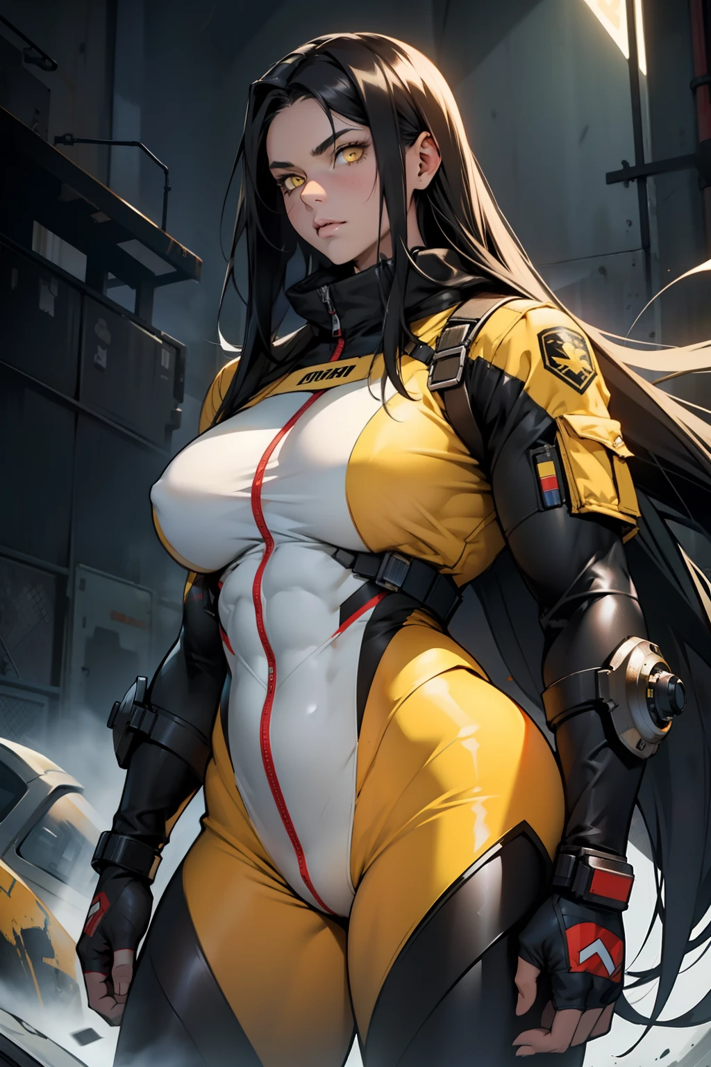 1 girl, black hair, yellow eyes, very long hair, pale skin, curvy, ((((extremely muscular)))), perky breasts, apocalyptic background, pilot suit