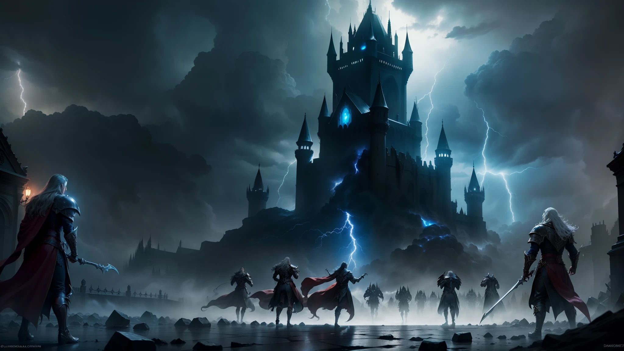 Castlevania Lord of the shadows War between 10 men and démons thunder storm Epic scene super detailed hyper realistic