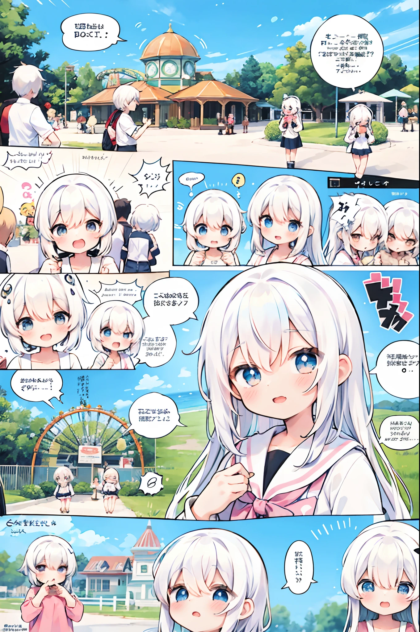 Multiple characters、comic strip、kawaii、blanche、girl with、daily、The story of going to the amusement park、Voice bubbles、masutepiece、top-quality