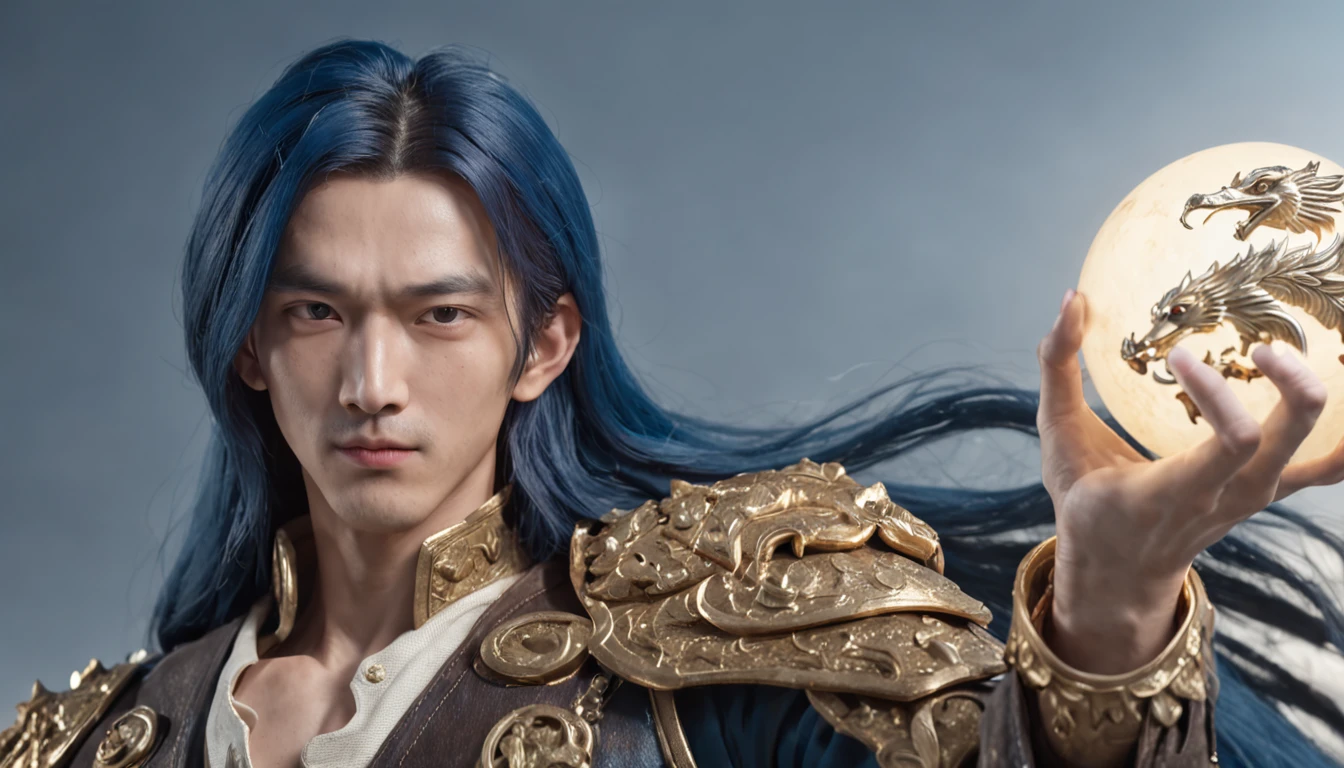 (professional 3d render:1.3) af (Realistic:1.3),(Xiao Zhan),Long blue hair,(holding a gun),Wearing gold armor,cool guy,Goose egg face,Asian face,(The background shows the sea under the big moon),The time is early evening,Sparkling,夏天, (Global illumination, Studio light, volumettic light)