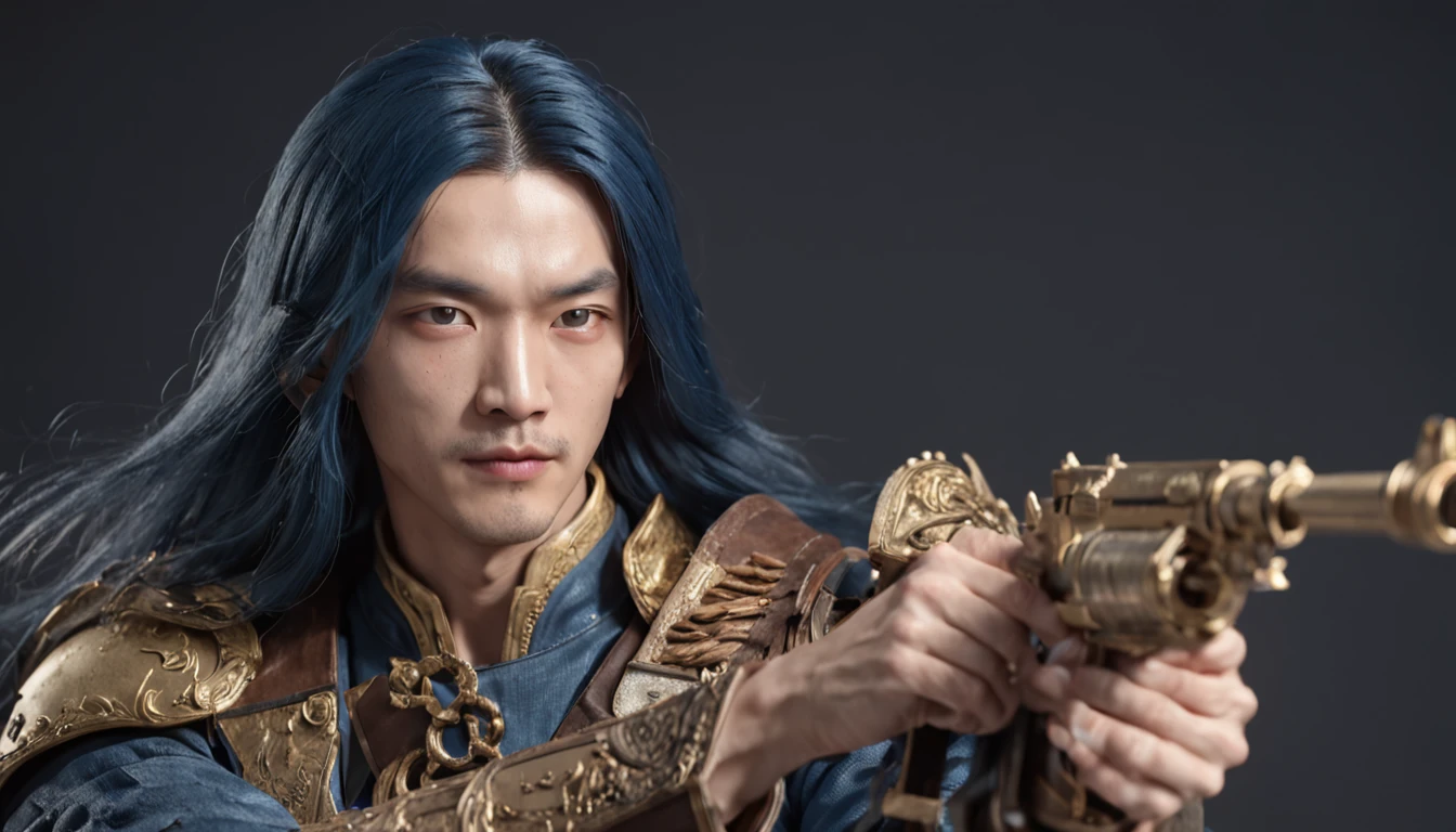 (professional 3d render:1.3) af (Realistic:1.3),(Xiao Zhan),Long blue hair,(holding a gun),Wearing gold armor,cool guy,Goose egg face,Asian face,(The background shows the sea under the big moon),The time is early evening,Sparkling,夏天, (Global illumination, Studio light, volumettic light)