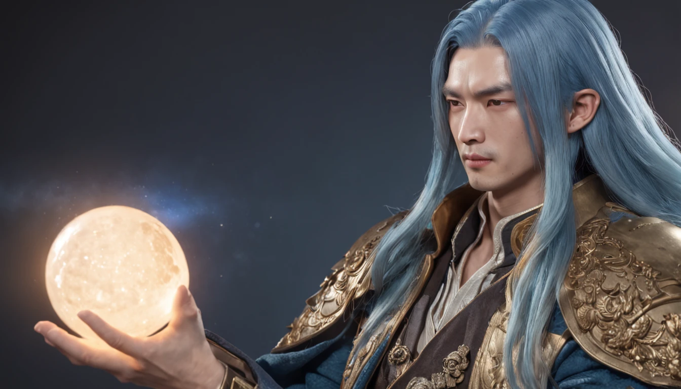 (professional 3d render:1.3) af (Realistic:1.3),(Xiao Zhan),Long blue hair,(holding a gun),Wearing gold armor,cool guy,Goose egg face,Asian face,(The background shows the sea under the big moon),The time is early evening,Sparkling,夏天, (Global illumination, Studio light, volumettic light)