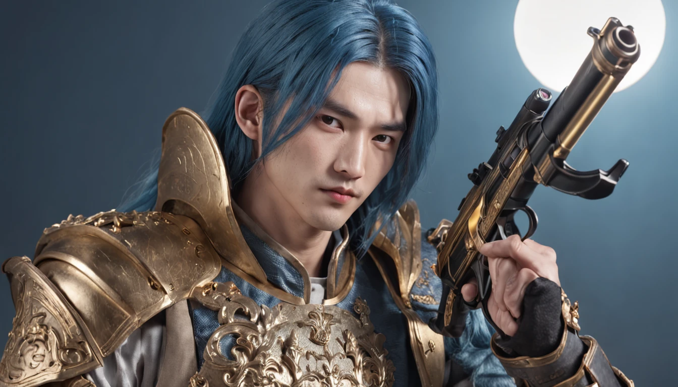 (professional 3d render:1.3) af (Realistic:1.3)，（Xiao Zhan），Long blue hair，（holding a gun），Wearing gold armor，cool guy，Goose egg face，Asian face，（The background shows the sea under the big moon），The time is early evening，Sparkling，夏天， (Global illumination, Studio light, volumettic light)