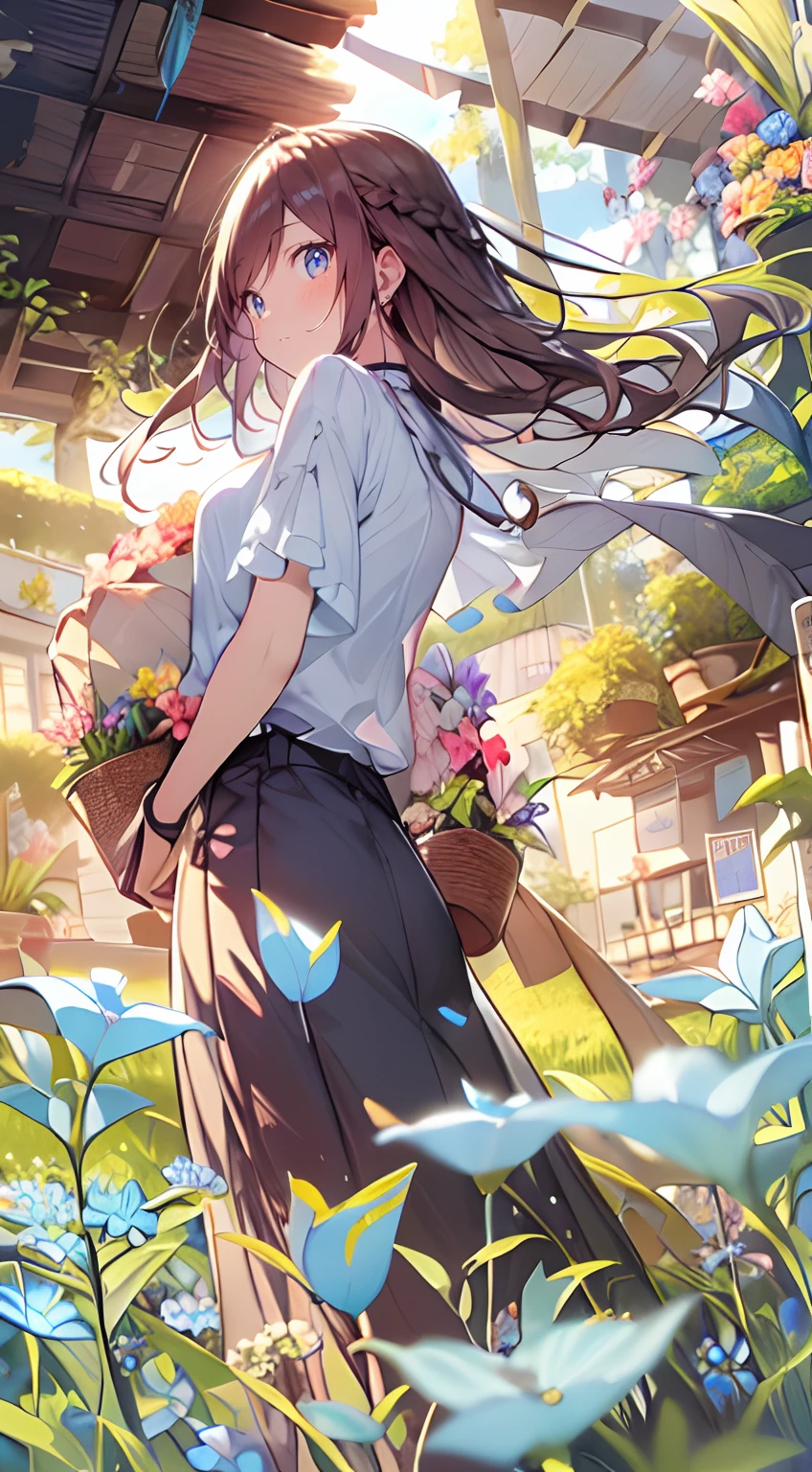 masutepiece, Best Quality,Illustration, Wallpaper, Ultra Detail, Absurd beauty、1 beautiful girl、 (Middle hair、short braided hair), Beautiful ultra-detailed eyes , Hair fluttering in the wind、Keep your head small、flower field、great outdoors、Landscape of the flower garden