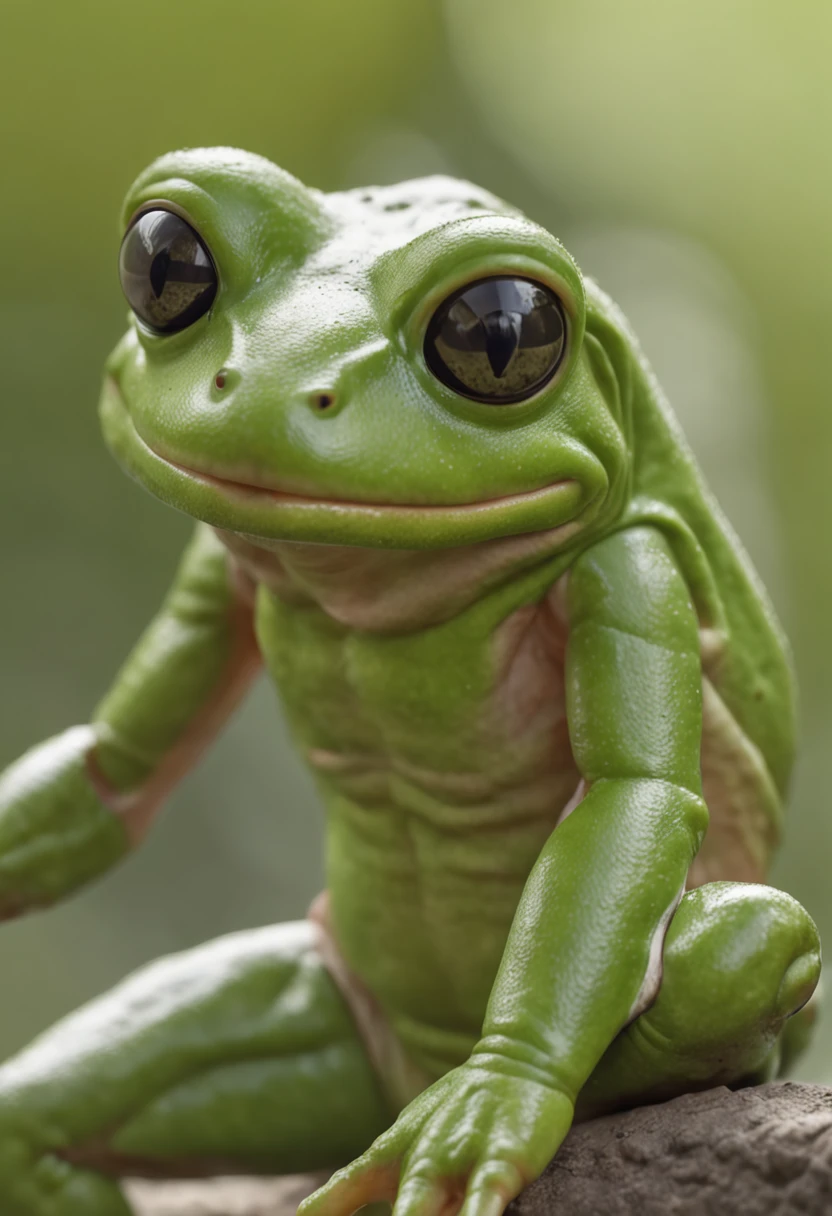 Hyper Realistic Photo, (OF A HUMANOID FROG), Green skin, nice and detailed fascinations, captivating look, Perfect humanoid frog, posing before a reflex camera, with natural and bright light, a humanoid frog , with great self-confidence, 8K UHD, a masterpiece, 3D rendering
