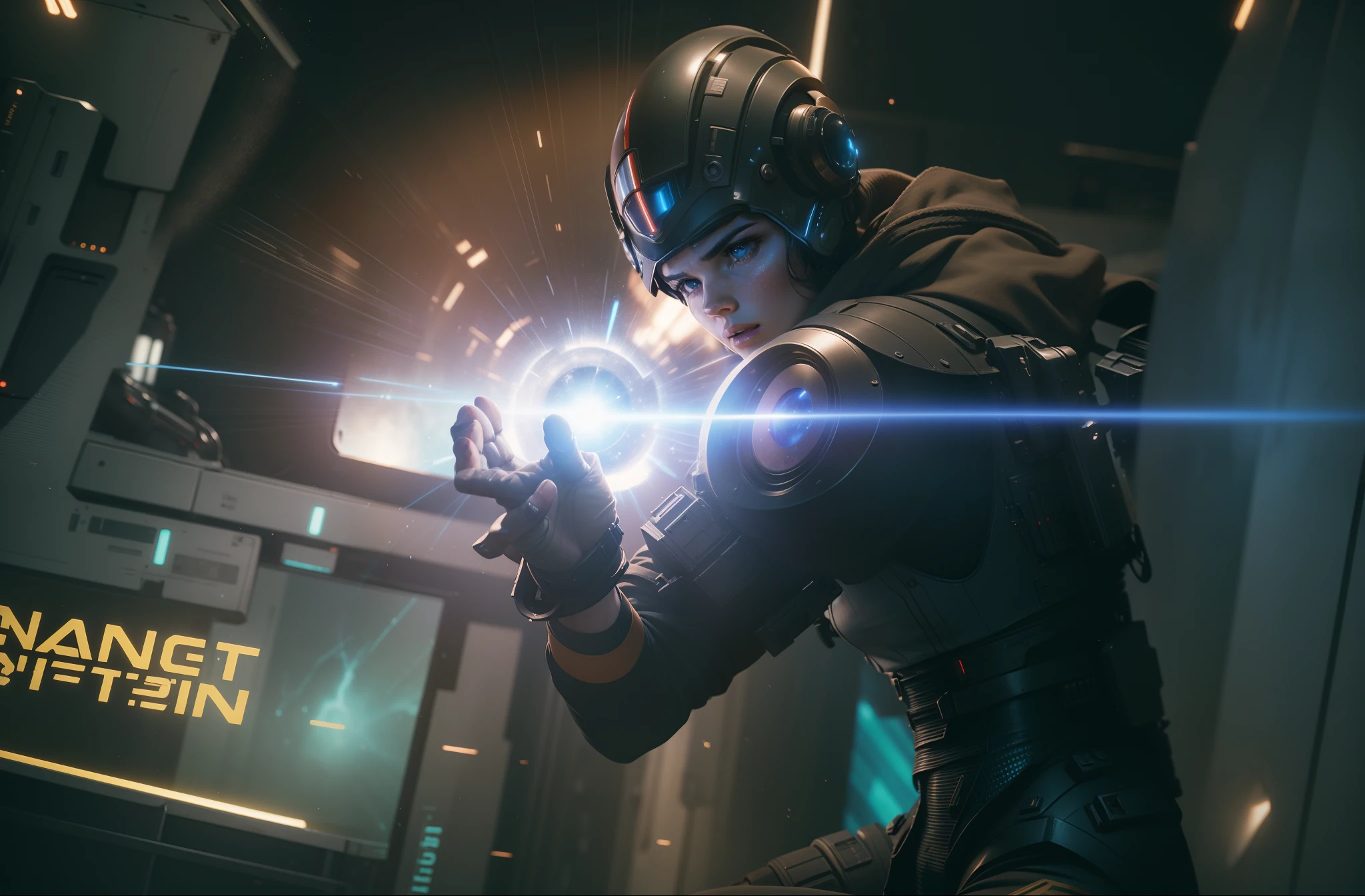 a close up action shot of epic Sci fi Hot Daisy Ridley using energy blue powers , Detailed clothing details, Liquid effect, space, Interstellar battlefield photography, natural light, photorealism, cinematic rendering, ray tracing, the highest quality, the highest detail, Cinematic, Third-Person View, Blur Effect, Long Exposure, 8K, Ultra-HD, Natural Lighting, Moody Lighting, Cinematic Lighting