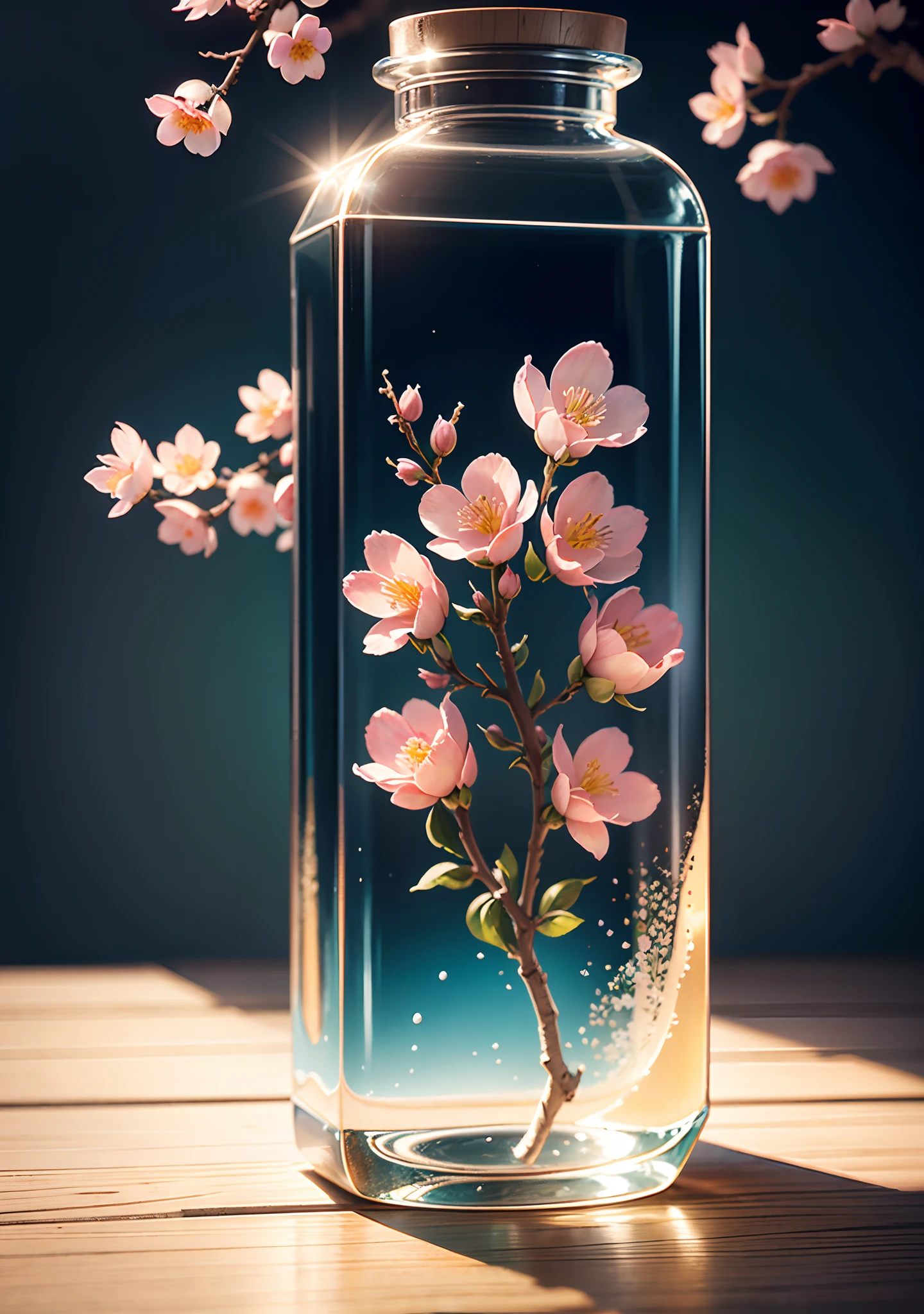 Peach blossom trees blooming in glass bottles,Frontal photo,Photographic grade,Dynamic surrealism, High detail, cubismo, god light, Vignetting, Glowing light, hyper HD, Masterpiece, ccurate, Super detail, High details, High quality, Best quality, A high resolution, 8K