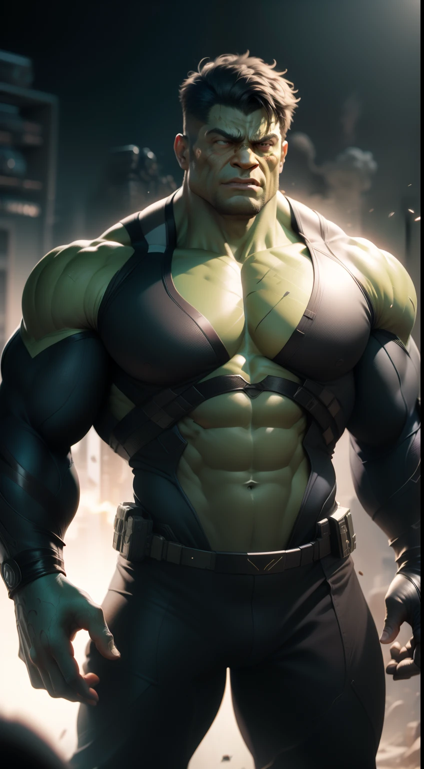 (nvinkpunk:1.2) (synthwave style:0.8) Gorilla dj, wearing hulk costume, anthro, lightwave, sunset, intricate, highly detailed