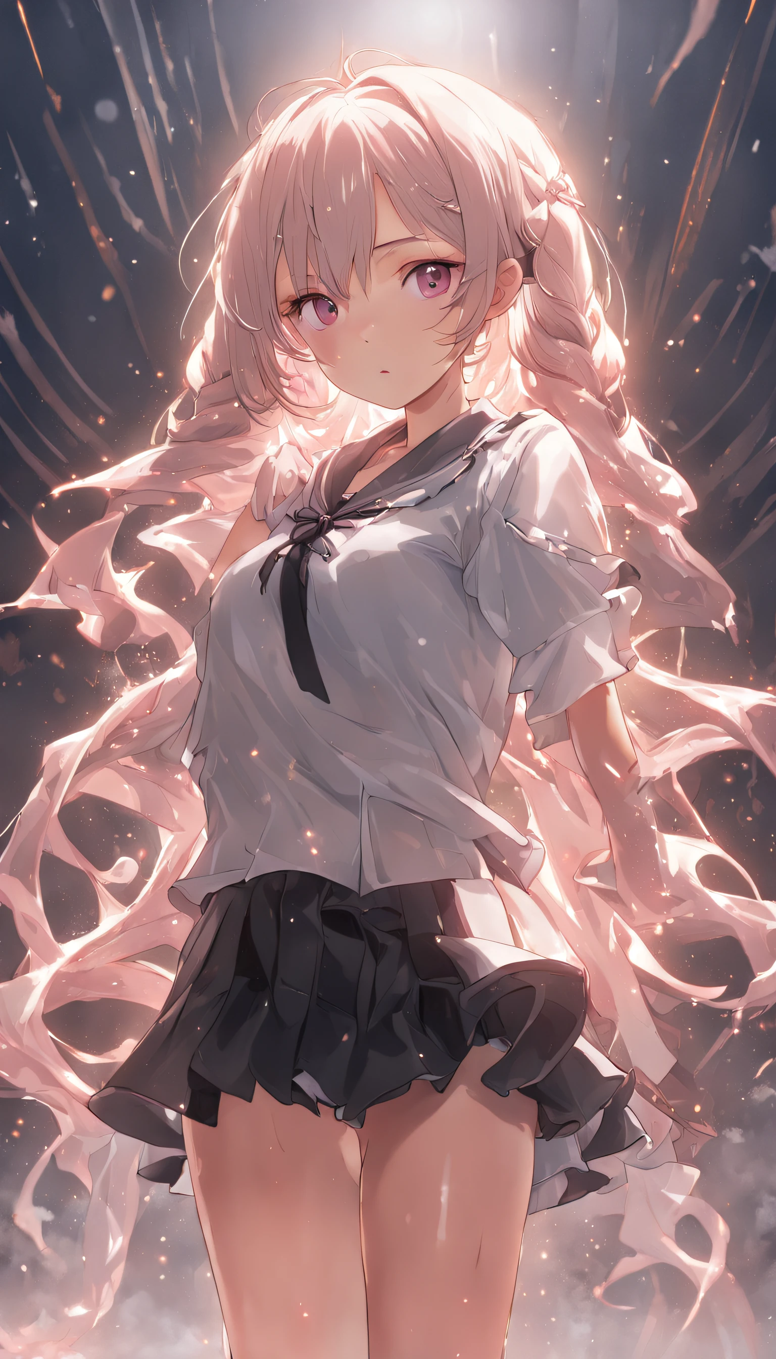 {{{{{NSFW、Masterpiece: 1.2、64K high resolution、hyper HD、HDR graphics、ultra - detailed、ultra-definition、ultra-realistic realism: 1.2、extreme detailed face and body、Realistic: 1.15、RAW photo: 1.15、Best quality: 1.23、No defects in the face and body、perfect anatomia、Perfect biology、Perfect physical properties、No additional fusion is required、perfect beautiful body、 Perfect very nice little face、Super realistic: 1.37、Profesional photogarpher、Canon F/2.8 300mm lens、Five fingers,、2 arms、2 legs}}}}}, (1 beautiful girl), {{{light blue long hair,Two braids、9th class, 18yr old、Very nice little face: 1.3, Japan Extraordinary Beautiful Girl: 1.3, Very nice slit eyes: 1.18、Beautiful thin eyebrows、Perfectly narrow, extremely tall, beautiful nose、lovely red lips、Very beautiful fair skin、Perfect beautiful long fingers、Beautiful long legs、Beautiful nails、Natural makeup}}}, (((Wearing a white apron with frills、Wearing a black shirt with a collar、Wearing a black miniskirt,Ruffles、Stockings that go to the thighs、Absolute area、Cute high heels、Cute ruffled panties))), (((head to thigh shot、legs are open、Shoot from your feet、looks away、Themes throughout the screen))), (((Beautiful girl face of the Japanese world: 1.3)))