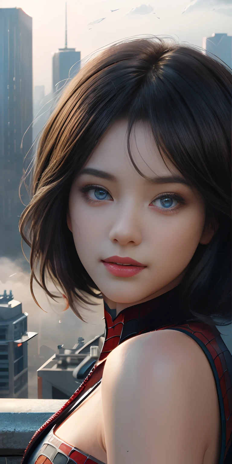 (1girl:1.3), Solo, (((Very detailed face)))), ((Very detailed eyes and face)))), Beautiful detail eyes, Body parts__, Official art, Unified 8k wallpaper, Super detailed, beautiful and beautiful, beautiful, masterpiece, best quality, original, masterpiece, super fine photo, best quality, super high resolution, realistic realism, sunlight, full body portrait, amazing beauty, dynamic pose, delicate face, vibrant eyes, (from the front), She wears Spider-Man suit, red and black color scheme, spider, very detailed city roof background, rooftop, overlooking the city, detailed face, detailed complex busy background, messy, gorgeous, milky white, highly detailed skin, realistic skin details, visible pores, clear focus, volumetric fog, 8k uhd, DSLR, high quality, film grain, fair skin, photo realism, lomography, futuristic dystopian megalopolis, translucent