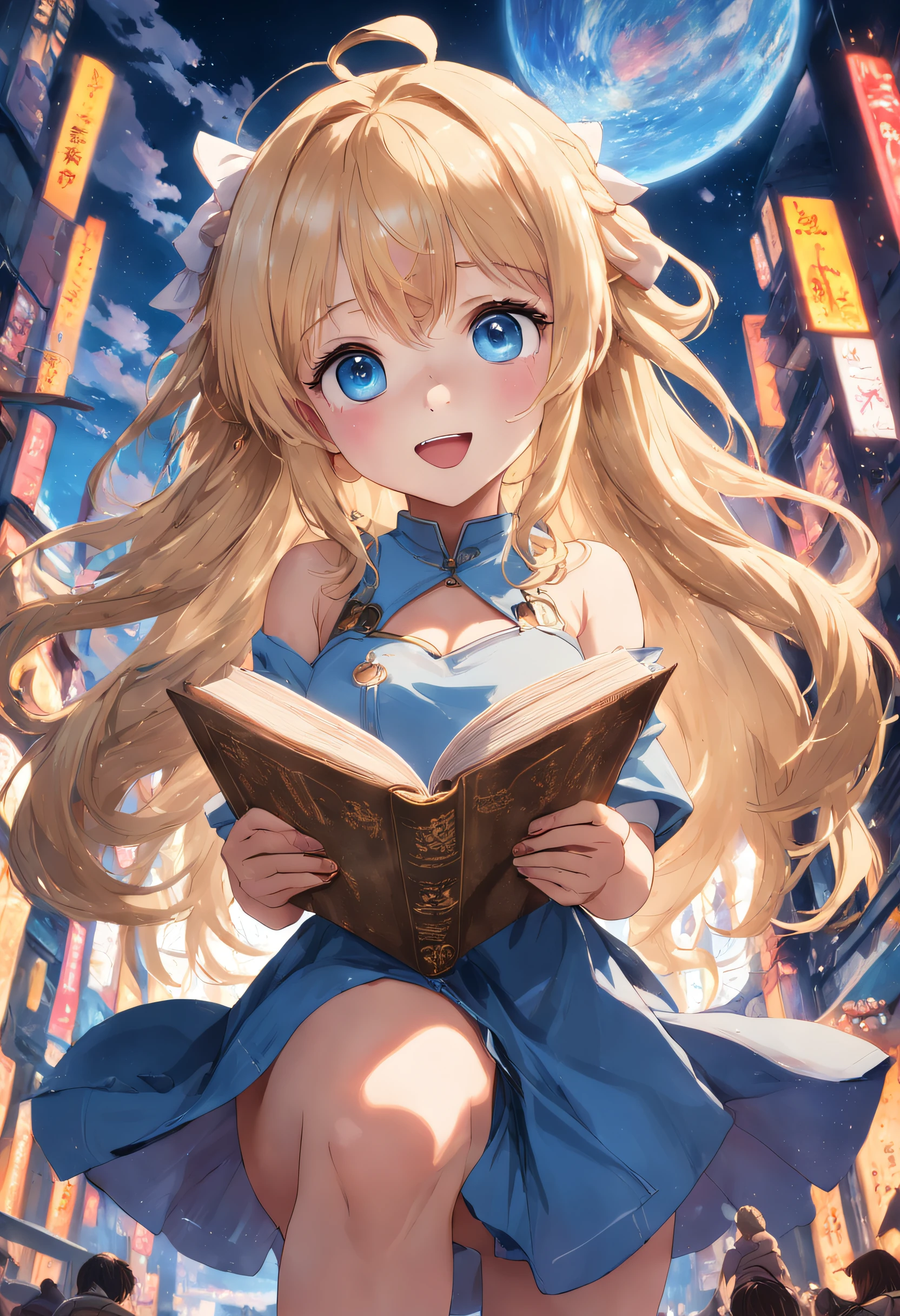 NSFW, (8K, Raw photography, top-quality, ​masterpiece:1.2), (realisitic, Photorealsitic:1.37), ultra-detailliert, 1 rapariga, 独奏, cute little, Beautiful detailed sky,girl with、Holding up a gorgeous book bound、a blond、Vertical Roll、blue eyes、delighted、a smile、
