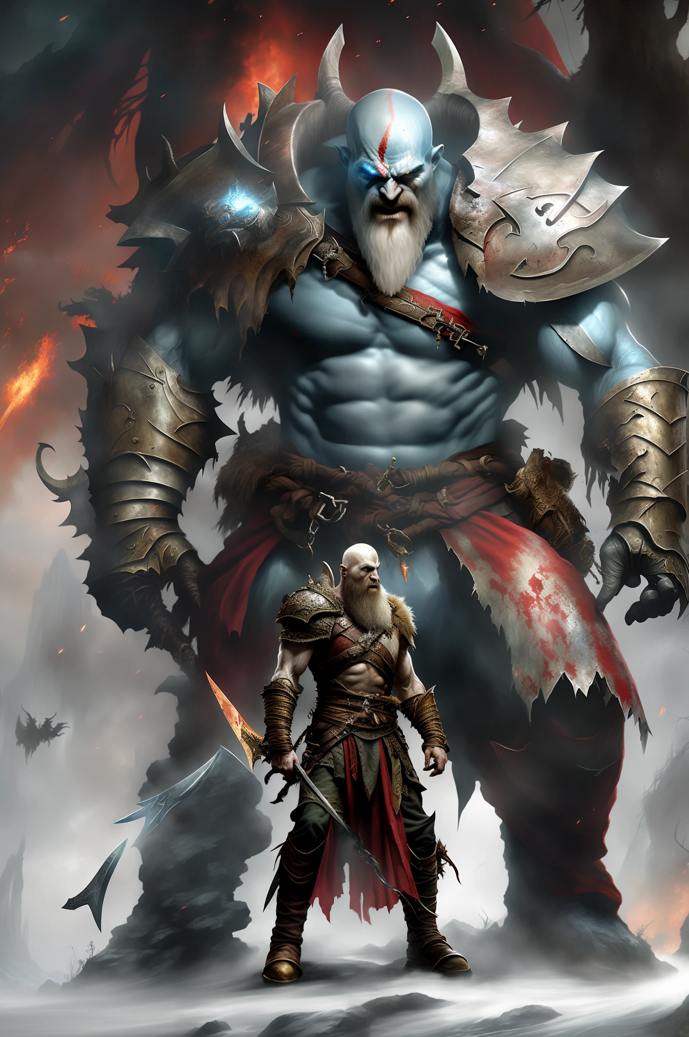 um close up de um homem com uma espada ao lado de um monstro gigante, Kratos, epic video game art, Deus da Guerra, Retrato de Kratos, deus da guerra 2 0 1 8, epic fantasy game art, arte conceitual digital diablo, Arte de fantasia 4k, Directed by: Arthur Pan, Godrays pintura digital, epic fantasy digital art, arte do jogo de fantasia