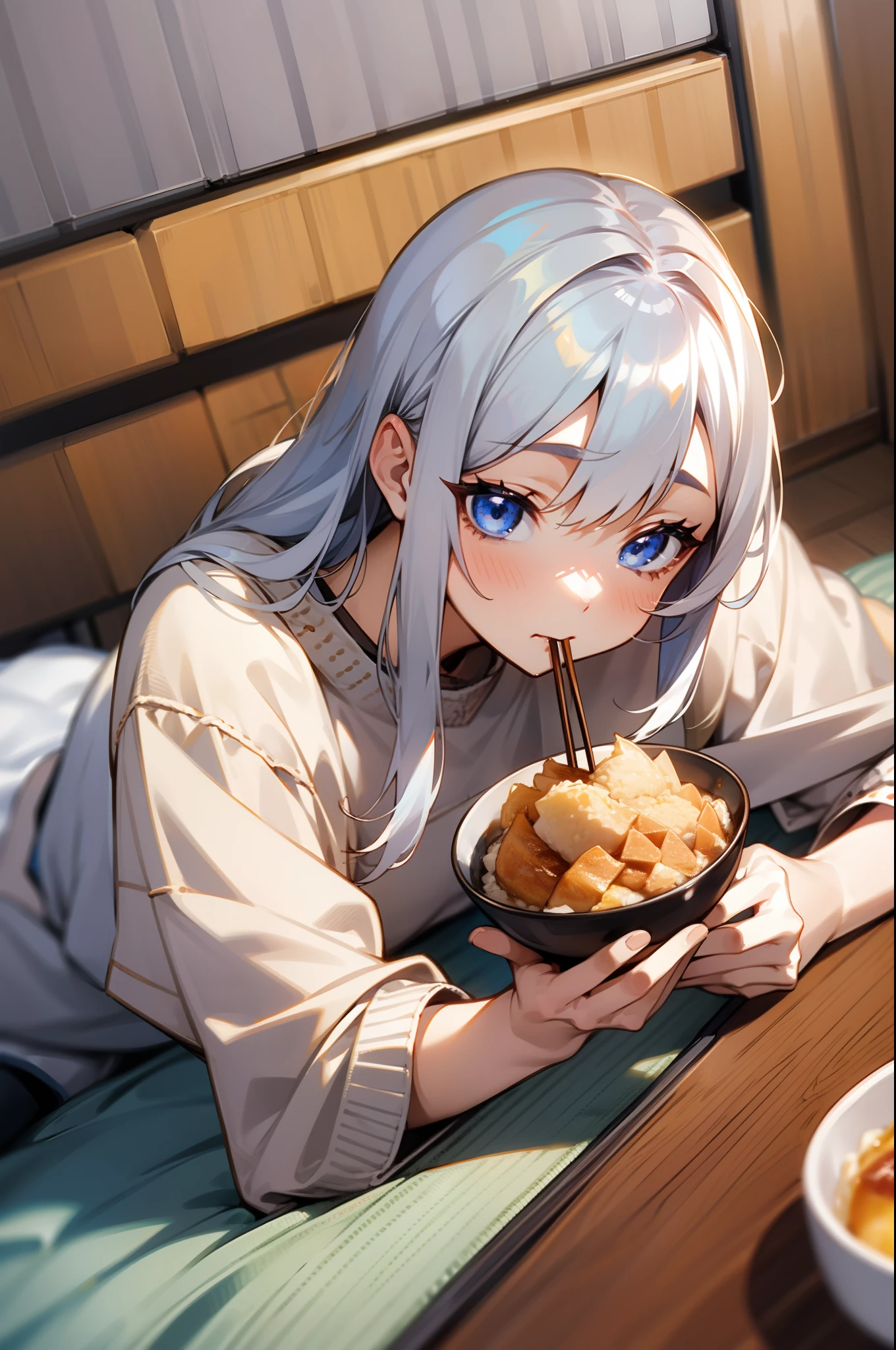 girl with、silber hair、Blue eyes、Lying on the futon、Crawl on your stomach、Eat katsudon、holding chopsticks