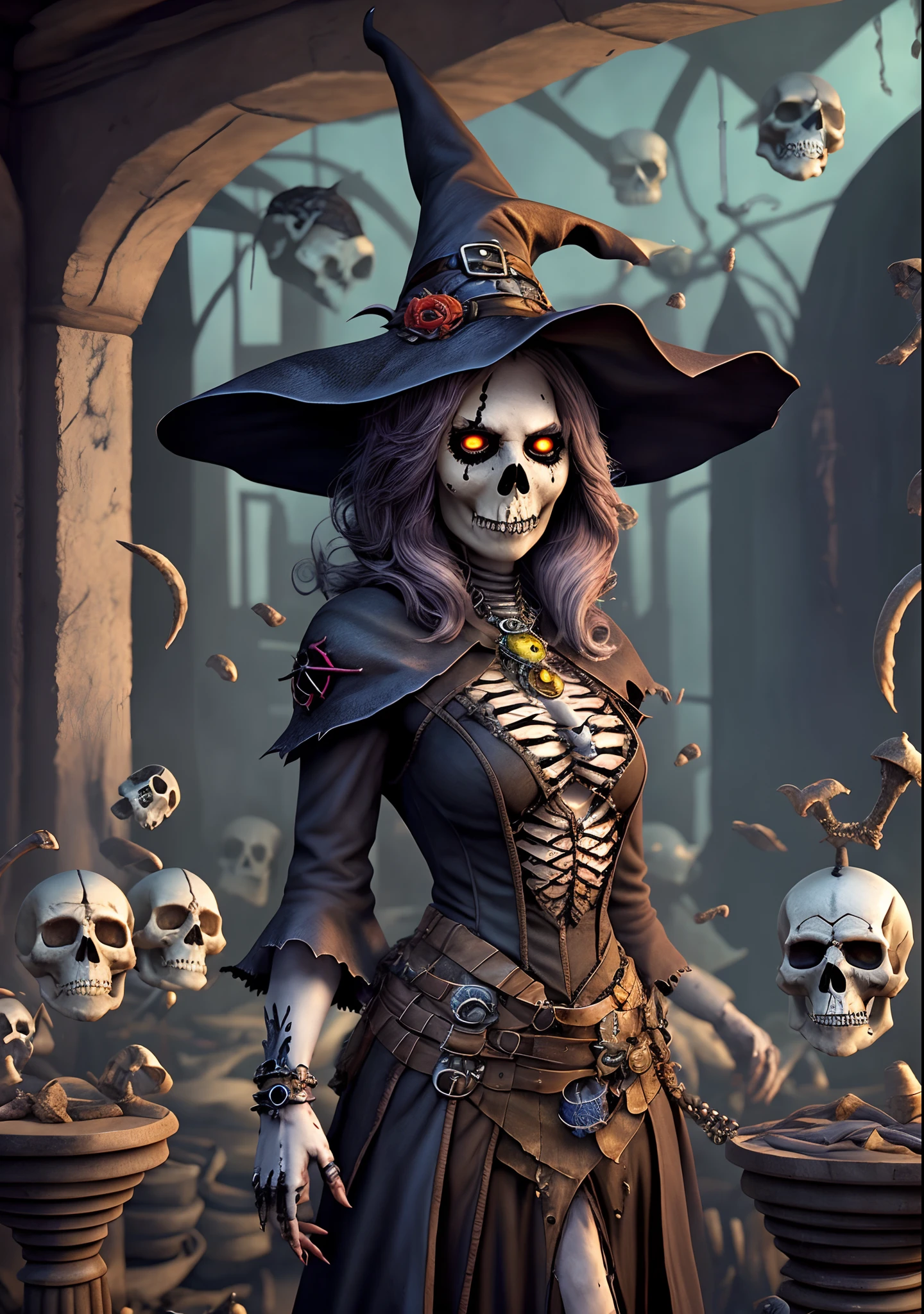 (A necromancer witch surrounded by skeletons.), master piece, HDR, UHD, 64k, highly detailed, professional photography by Sergio Nogueira, trending on ArtStation, Unreal Engine, vivid colors, Hi-Res Scan --auto --s2