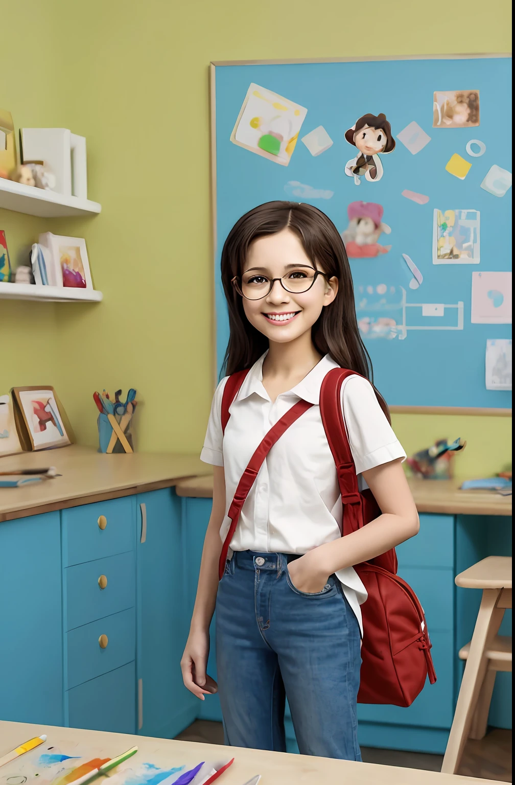 Cartoon girl with glasses and backpack standing in front of a table, personagem bonito dos desenhos animados, personagem bonito, animation character, bonito ligeiramente nerd sorriso, painting digital adorable, arte digital detalhada bonito, Arnold Maya render, Personagem de close up, design de personagem bonito pixar, Arte infantil em Artstation, da escola, personagem de desenho animado, animated film, arte oficial do personagem, uma aluna hiperrealista. in a lab