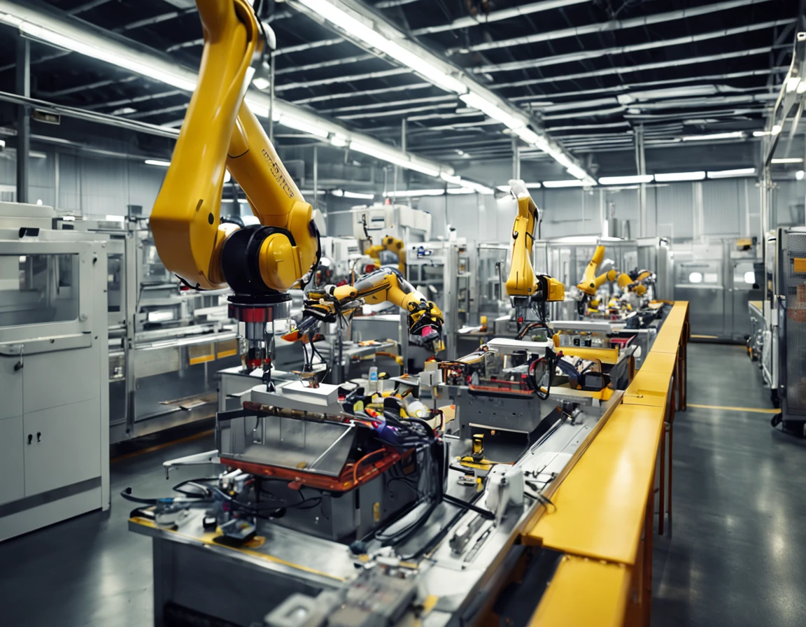 Industrial assembly line robotic arm, solda plasma, futurista
