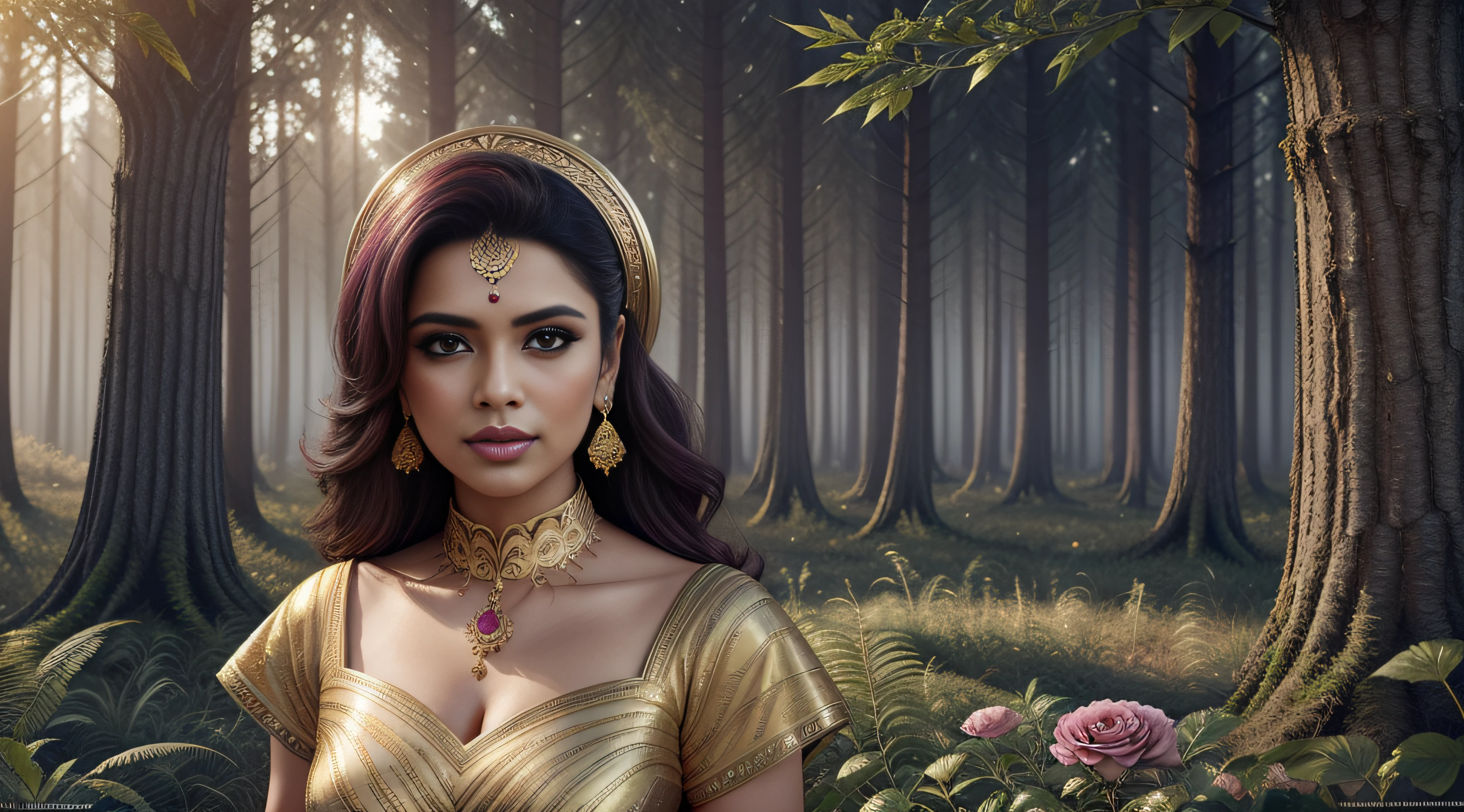 a beautiful woman in gold in the forest, in the style of celebrity photography, manjit bawa, artgerm, silver and magenta, romantic floral motifs, smooth and shiny, kushan empire