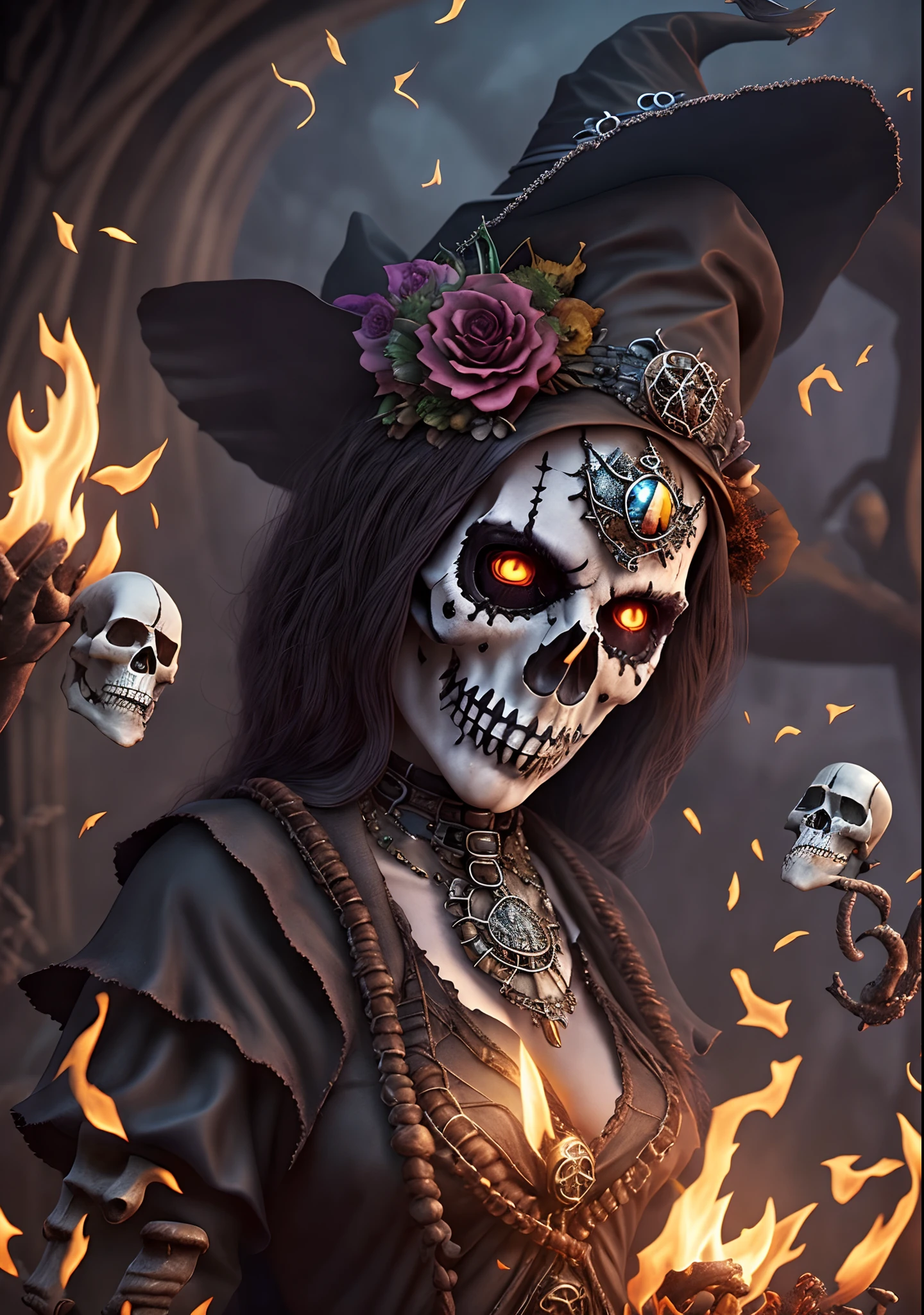 (A necromancer witch surrounded by skeletons.), master piece, HDR, UHD, 64k, highly detailed, professional photography by Sergio Nogueira, Unreal Engine, vivid colors, Hi-Res Scan --auto --s2