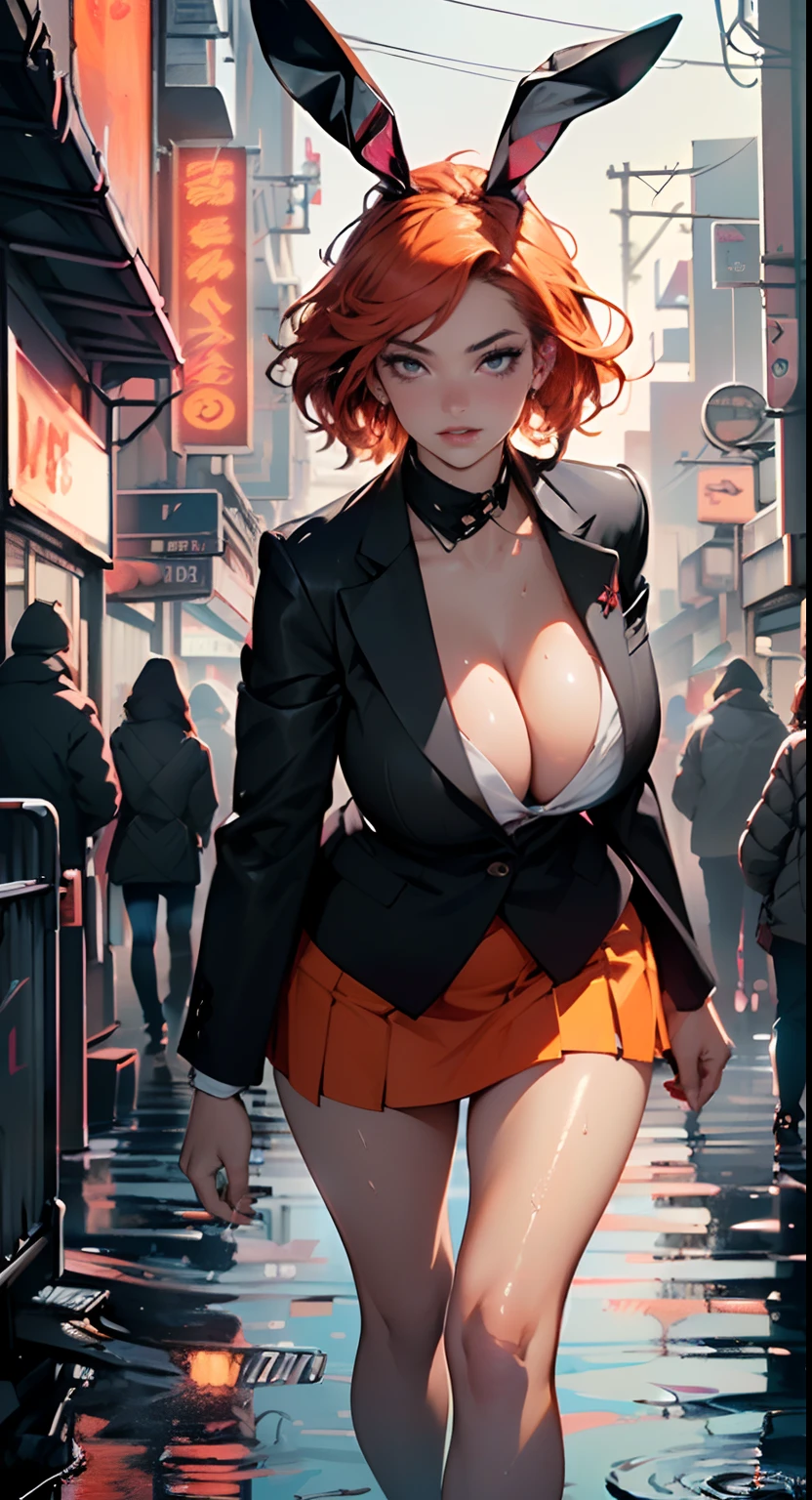 cute bunny girl,(((1girl))),((bunny girl with extremely cute and beautiful orange hair)),(((bunny girl,anthro furry cute,bunny-girl,bunny ears,bunny ears on head,big bunny ears))),


(large breasts:1.4),saggy breasts,(((red orange hair:1.35,colored inner hair,ear breathing,large hair))),((heterochromia:1.5,eye1 red,eye2 orange,perfect eyes,upturned eyes:1.3,beautiful detailed eyes,finely detailed beautiful eyes:1,big highlight on eyes:1.2,slanted eyes)),((fat)),(((lustrous skin:1.5,bright skin: 1.5,skin tanned,shiny skin,very shiny skin,shiny body,plastic glitter skin,exaggerated shiny skin,illuminated skin,wet legs))),(spider lower abdomen,narrow waist,wide hip,athletic body,inflated legs,delicate detailed fingers,detailed body,detailed arms,human hands,(detailed face)),

cute,slutty,seductive,erotic,(((nsfw))),

(((wearing dark red formal blazer,short skirt,))),(((huge cleavage))),((wet clothes,detailed outfit,detailed clothes)),

(dynamic pose:1.0),solo focus,embarrassed,(centered,scale to fit dimensions,Rule of thirds),

((((cyberpunk city by the ocean,huge buildings,neon signs,puddles)))),stormy sky,threatening sky,dark clouds,((synthwave background theme,detailed background : 1.25)),((((night,nice lighting decorations,detailed architecture)))),

(best quality,high resolution,sharp focus,ultra detailed,extremely detailed,extremely high quality artwork,(realistic,photorealistic:1.37),8k_wallpaper,(extremely detailed CG 8k),(very fine 8K CG),((hyper super ultra detailed perfect piece)),flawless,(((masterpiece))),illustration,vibrant colors,(intricate),High contrast,Selective lighting,Double exposure,HDR (High Dynamic Range),Post-processing,Background blur,colors,(intricate),High contrast,Selective lighting,Double exposure,HDR (High Dynamic Range),Post-processing,Background blur,