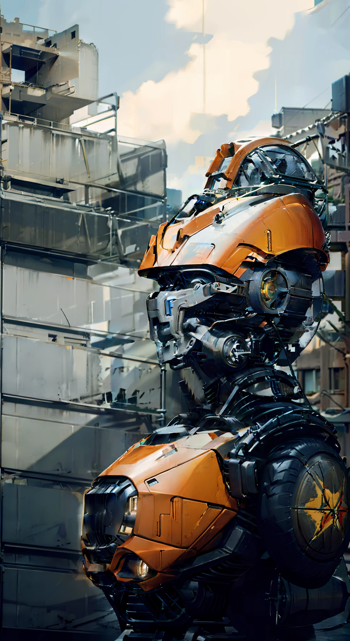 There are lights on mech warriors，The background is a dilapidated building，scifi style，verism style，Add details，Mechanical texture，metalictexture，Increase shoulder width，Thick arms，Arm details