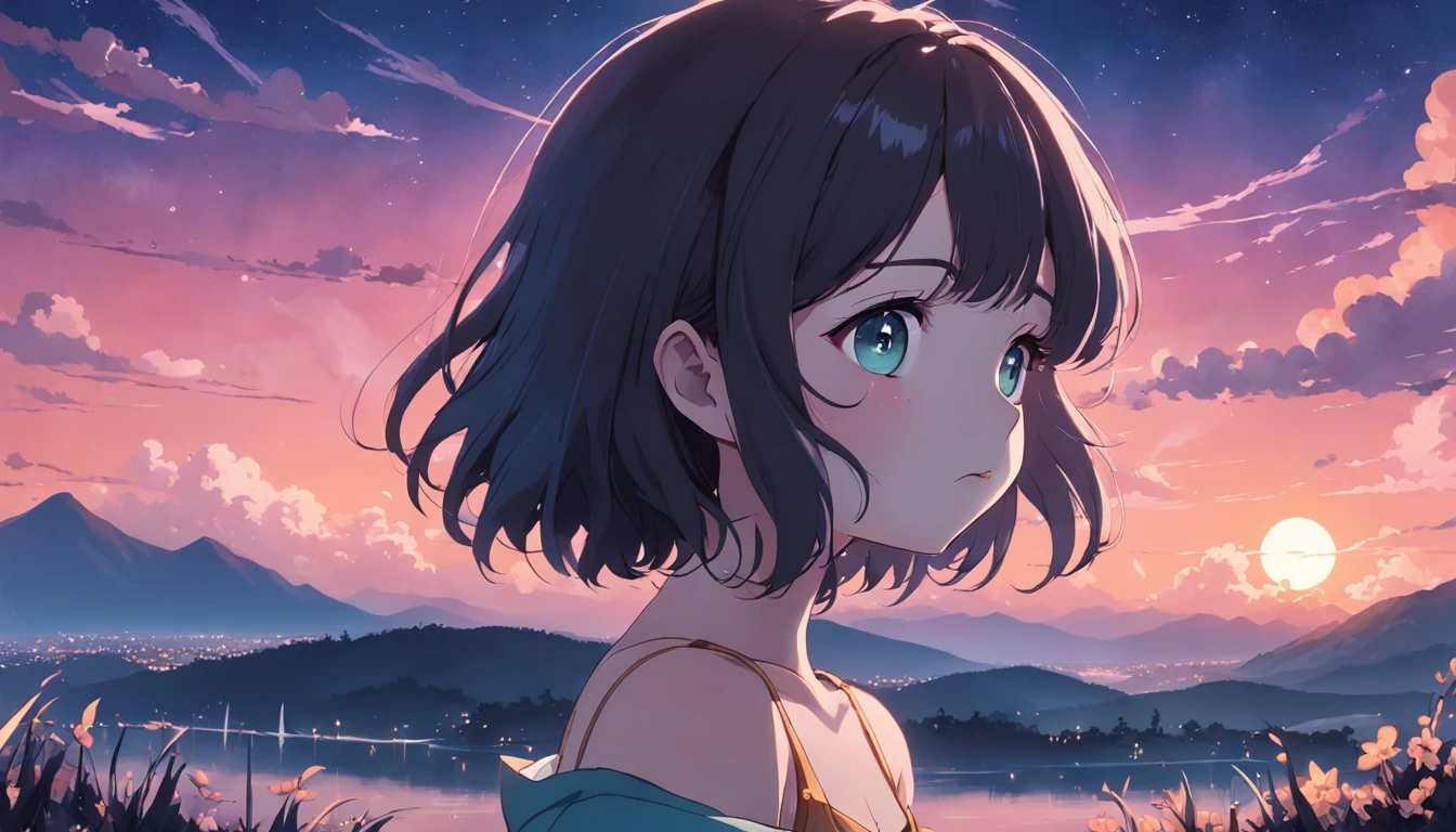 Beautiful moonlight sky, 1girl in, breastsout, A dark-haired, off shoulders, lofi hip hop, countryside view, lofi artstyle, lofi art, chillhop, lofi, anime movie background, Anime Background, lofi aesthetic, Wit Studio Anime, lofi album art, Rophy Technology, lofi vibes, lofi feel, Lofivibe、((​masterpiece),(the Extremely Detailed CG Unity 8K Wallpapers)、top-quality、、独奏、1girl、电影灯光、细致背景、beatiful detailed eyes、Bright pupils、(extremely delicate and beautiful)、(Beautiful and detailed eyes description)、ultra-detailliert、​masterpiece、))