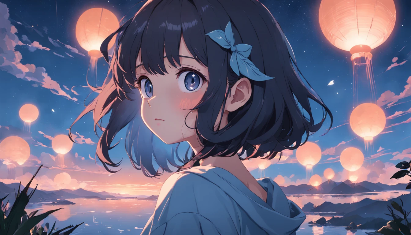 Beautiful moonlight sky, 1girl in, breastsout, A dark-haired, off shoulders, lofi hip hop, countryside view, lofi artstyle, lofi art, chillhop, lofi, anime movie background, Anime Background, lofi aesthetic, Wit Studio Anime, lofi album art, Rophy Technology, lofi vibes, lofi feel, Lofivibe、((masterpiece),(the Extremely Detailed CG Unity 8K Wallpapers)、top-quality、、独奏、1girl、电影灯光、细致背景、beatiful detailed eyes、Bright pupils、(extremely delicate and beautiful)、(Beautiful and detailed eyes description)、ultra-detailliert、masterpiece、))