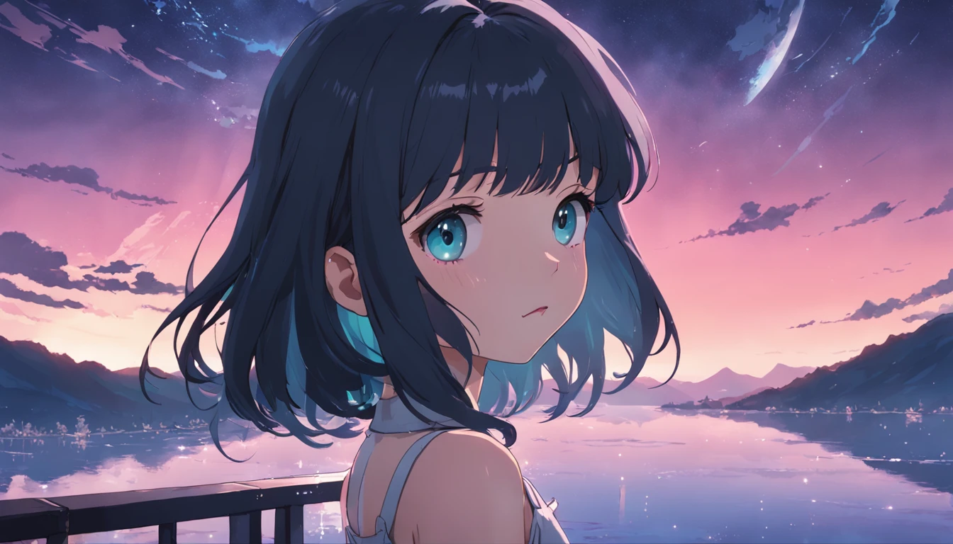 Beautiful moonlight sky, 1girl in, breastsout, A dark-haired, off shoulders, lofi hip hop, countryside view, lofi artstyle, lofi art, chillhop, lofi, anime movie background, Anime Background, lofi aesthetic, Wit Studio Anime, lofi album art, Rophy Technology, lofi vibes, lofi feel, Lofivibe、((masterpiece),(the Extremely Detailed CG Unity 8K Wallpapers)、top-quality、、独奏、1girl、电影灯光、细致背景、beatiful detailed eyes、Bright pupils、(extremely delicate and beautiful)、(Beautiful and detailed eyes description)、ultra-detailliert、masterpiece、))