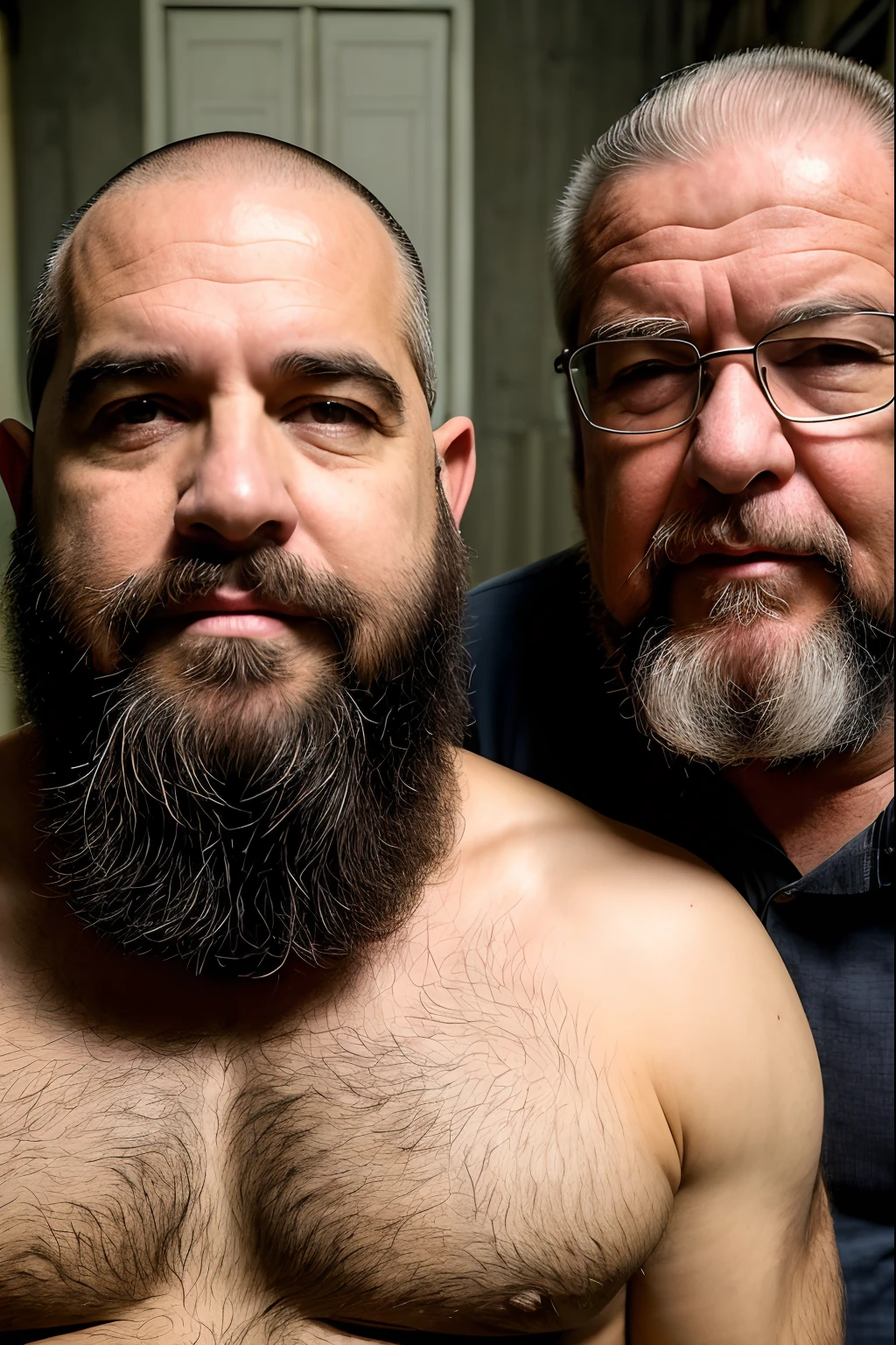 Dois (((lenhadores gordos))) de 60 e 50 anos, barba e cabelos grisalhos, cabelo cortado estilo militar, sem camisa, boxer underwear, se beijando apaixonadamente, (((peitoral muito peludo))), tatuado, (((barriga grande))), (rosto detalhado:1.3), (hyper-realistic:1.3), (((fabrica abandonada e suja))), 8k