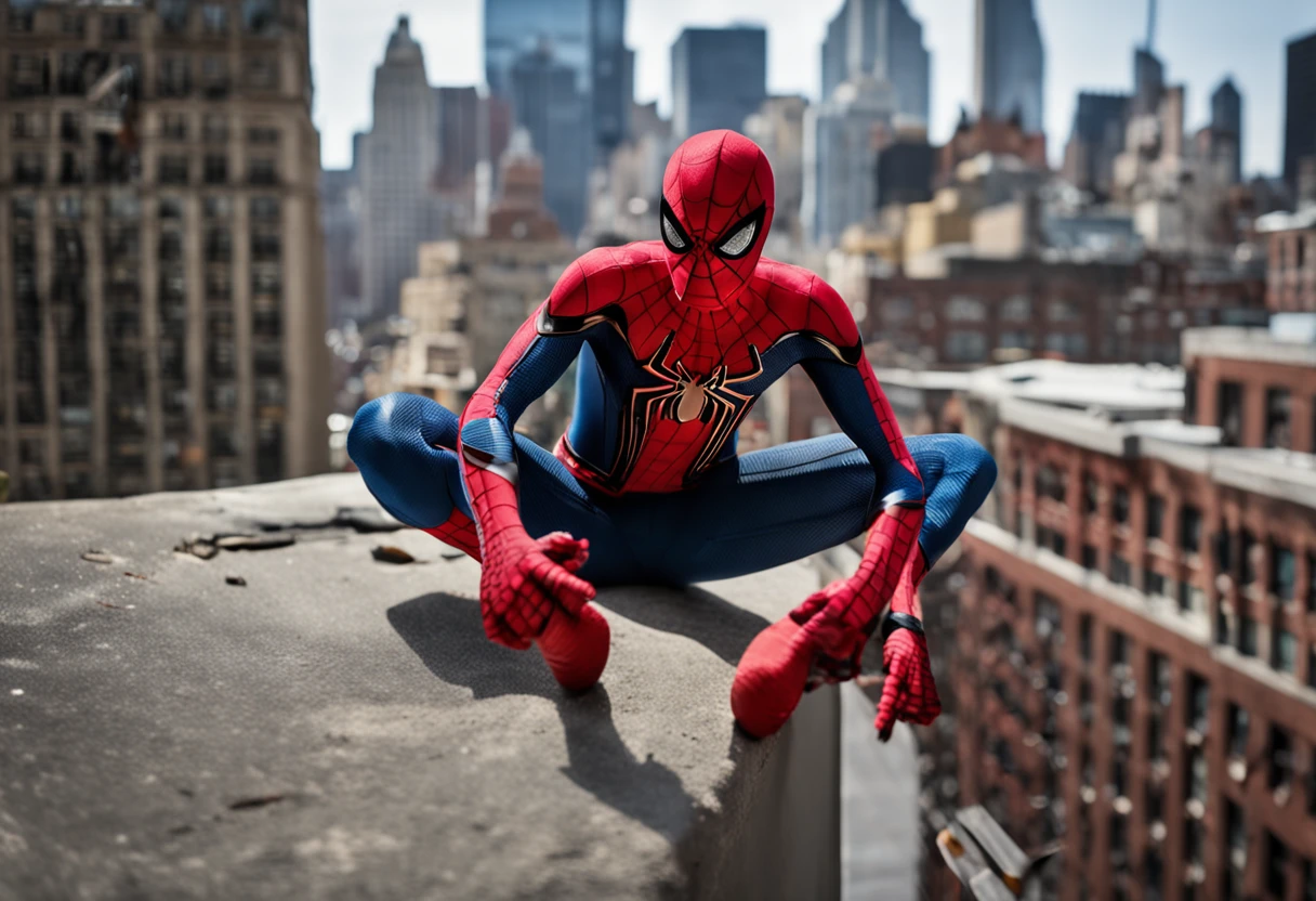 Peter Parker in a Spider-Man uniform on top of a building, vista de Nova York, rosto bonito, sem mascara, corpo inteiro, super realista