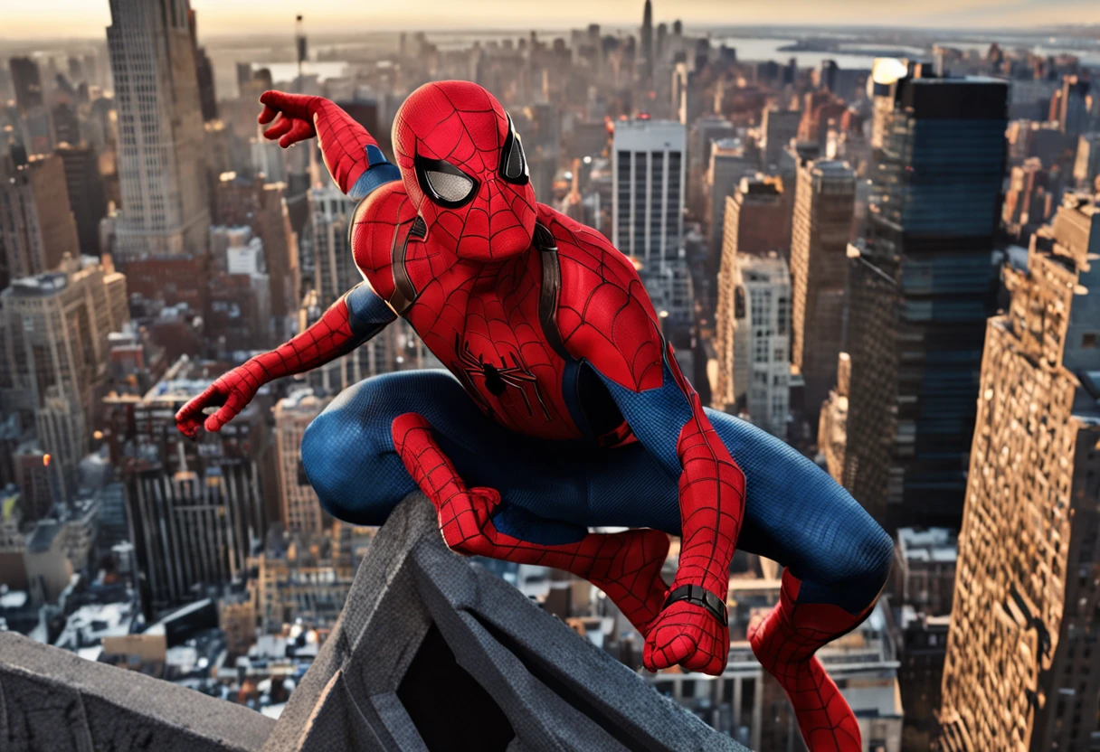 Peter Parker in a Spider-Man uniform on top of a building, vista de Nova York, rosto bonito, sem mascara, corpo inteiro, super realista