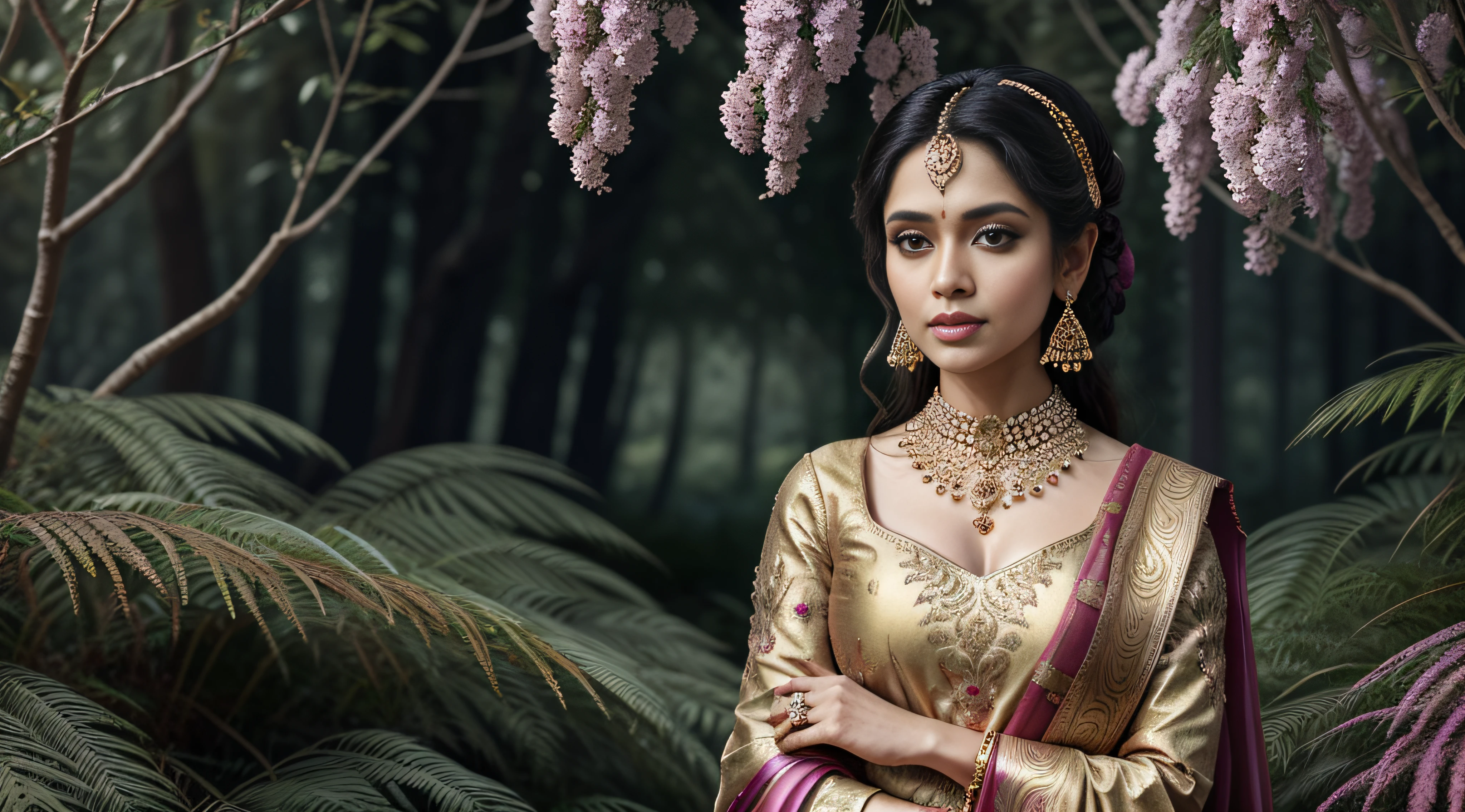 "A stunning woman adorned in gold, standing gracefully amidst a enchanting forest. Drawing inspiration from the art styles of celebrity photography, Manjit Bawa, and Artgerm, evoke a sense of elegance and allure. Her silver and magenta attire is complemented by intricate floral patterns, creating a romantic ambiance. The smooth and shiny textures highlight her presence, while the theme of Kushan Empire adds a touch of historical grandeur."