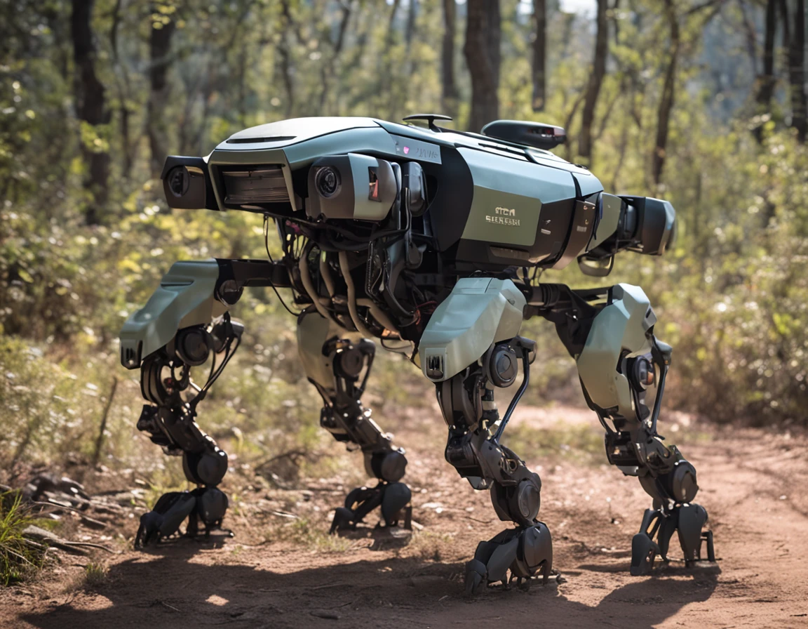 High-tech advanced quadruped robot, estilo Apple, em uma cidade devastada no estilo militar.