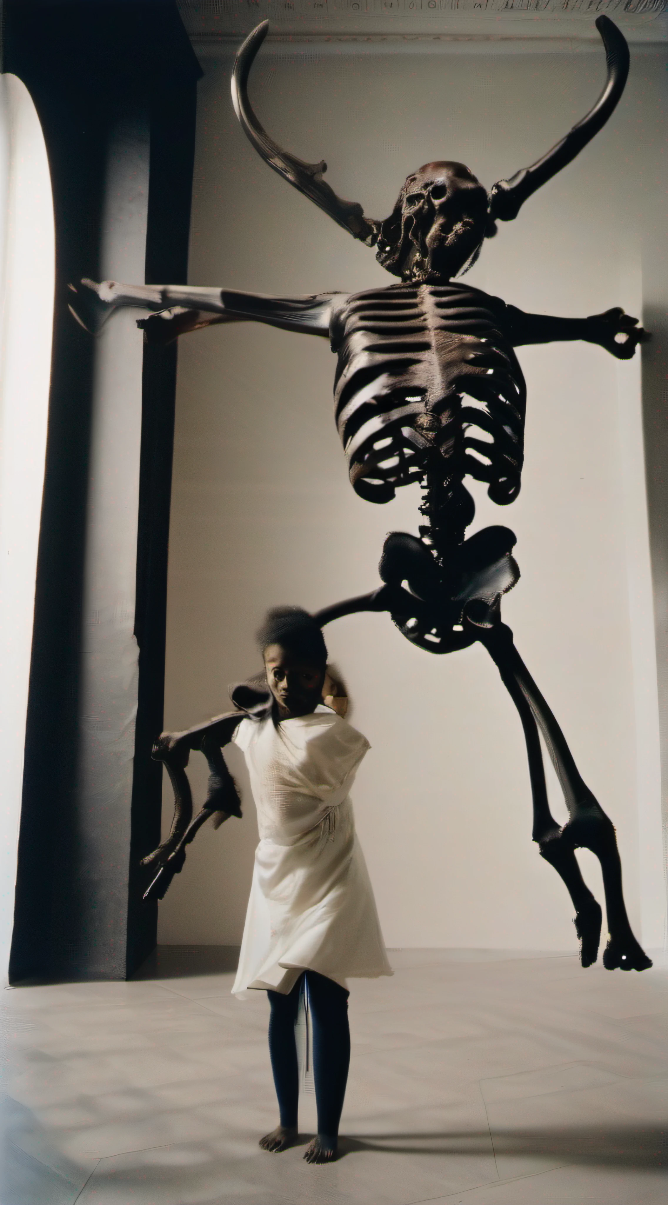 "(The best lighting, alto contraste, oscuro, dramatic),(Chica rubia junto a una cabra negra gigante, Open the rib cage, autopsia, caldero con huesos humanos, sangre por las paredes). Luz Caravaggio"