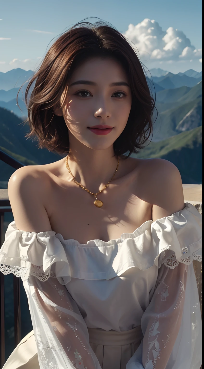 Realism, Surrealist painting, photorealistic realism, (very detailed 8k wallpapers), (extremely delicate and beautiful), (masterpiece), (best quality: 1.5), (ultra resolution: 1.3), detailed skin, ultra-detailed, (short wave hair:1.2), smile, red_hair, breeze, diamond_necklace, full_body, white_off_the_shoulder_shirt_ with_bobo_sleeves, gold_lace, (mountain_top: 1.6), (colorful_clouds), realistic shadows,