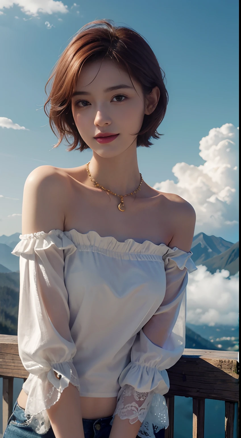 Realism, Surrealist painting, photorealistic realism, (very detailed 8k wallpapers), (extremely delicate and beautiful), (masterpiece), (best quality: 1.5), (ultra resolution: 1.3), detailed skin, ultra-detailed, (short wave hair:1.2), smile, red_hair, breeze, diamond_necklace, full_body, white_off_the_shoulder_shirt_ with_bobo_sleeves, gold_lace, (mountain_top: 1.6), (colorful_clouds), realistic shadows,